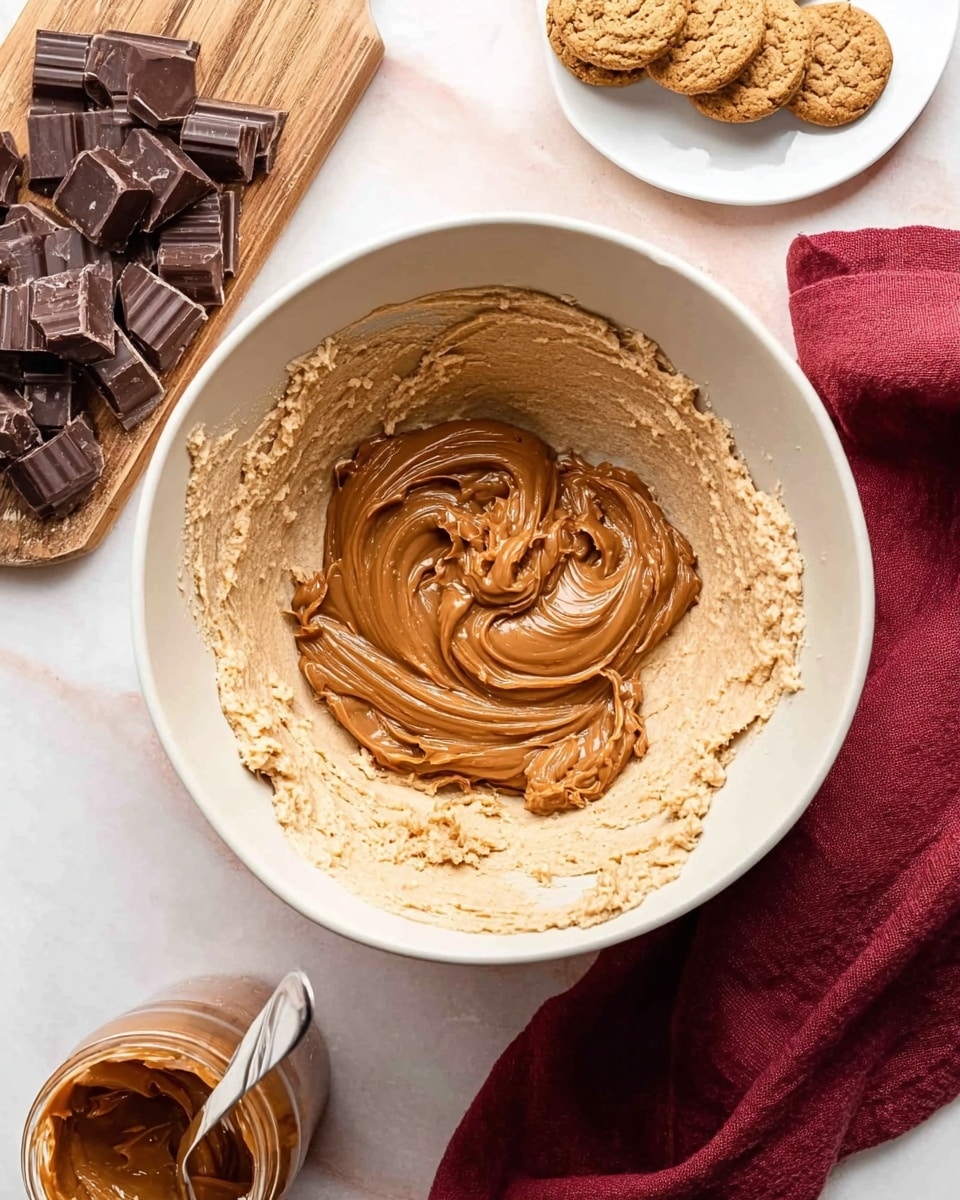 A white bowl is filled with two layers of thick dough-like mixture. The first layer covers the bottom and sides of the bowl and is a light beige with a slightly rough, fluffy texture. On top in the center sits a second swirled layer of smooth, shiny, rich caramel-brown paste. The bowl rests on a white marbled surface. Around the bowl, there is a small white plate with several stacked small cookies, a jar filled with the caramel paste with a woman's spoon inside, and a wooden board holding thick, dark chocolate pieces. A deep red cloth napkin is folded and placed beside the bowl. Photo taken with an iphone --ar 4:5 --v 7