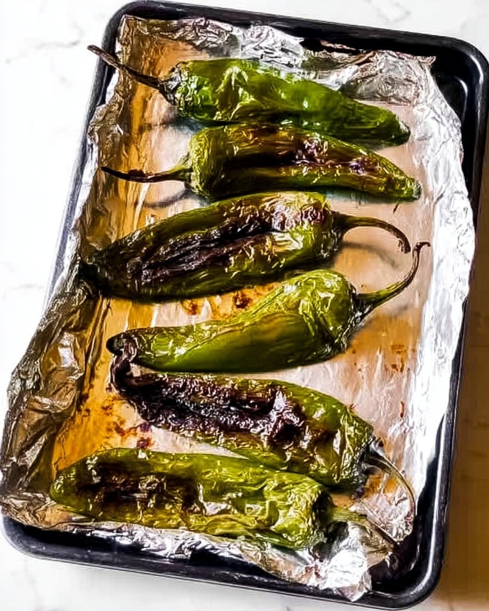 Five roasted green chili peppers with wrinkled, charred skin are arranged on a foil-lined tray. The chilies have dark brown and black patches from roasting, and their surfaces look soft and slightly shiny. The foil underneath them has some roasted spots and wrinkles, and the tray edges are visible with a black frame. The whole scene sits on a white marbled surface. photo taken with an iphone --ar 4:5 --v 7