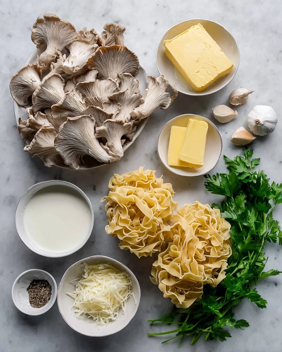 The image shows ingredients neatly arranged on a white marbled surface. In the center right, there are several nests of pale yellow pasta with a rough texture. To the left of the pasta, there is a cluster of light gray oyster mushrooms with detailed gills. Toward the top center, there is a small white bowl filled with a smooth, yellow pat of butter. Above the mushrooms, a small white bowl contains ground black pepper. To the bottom left is a white bowl filled with creamy white milk or cream. Below the pasta on the right is a white bowl filled with white shredded cheese. In the middle, there is a small white bowl of salt. Near the top right, a bunch of fresh green parsley and three pieces of pale garlic are placed. Photo taken with an iphone --ar 4:5 --v 7