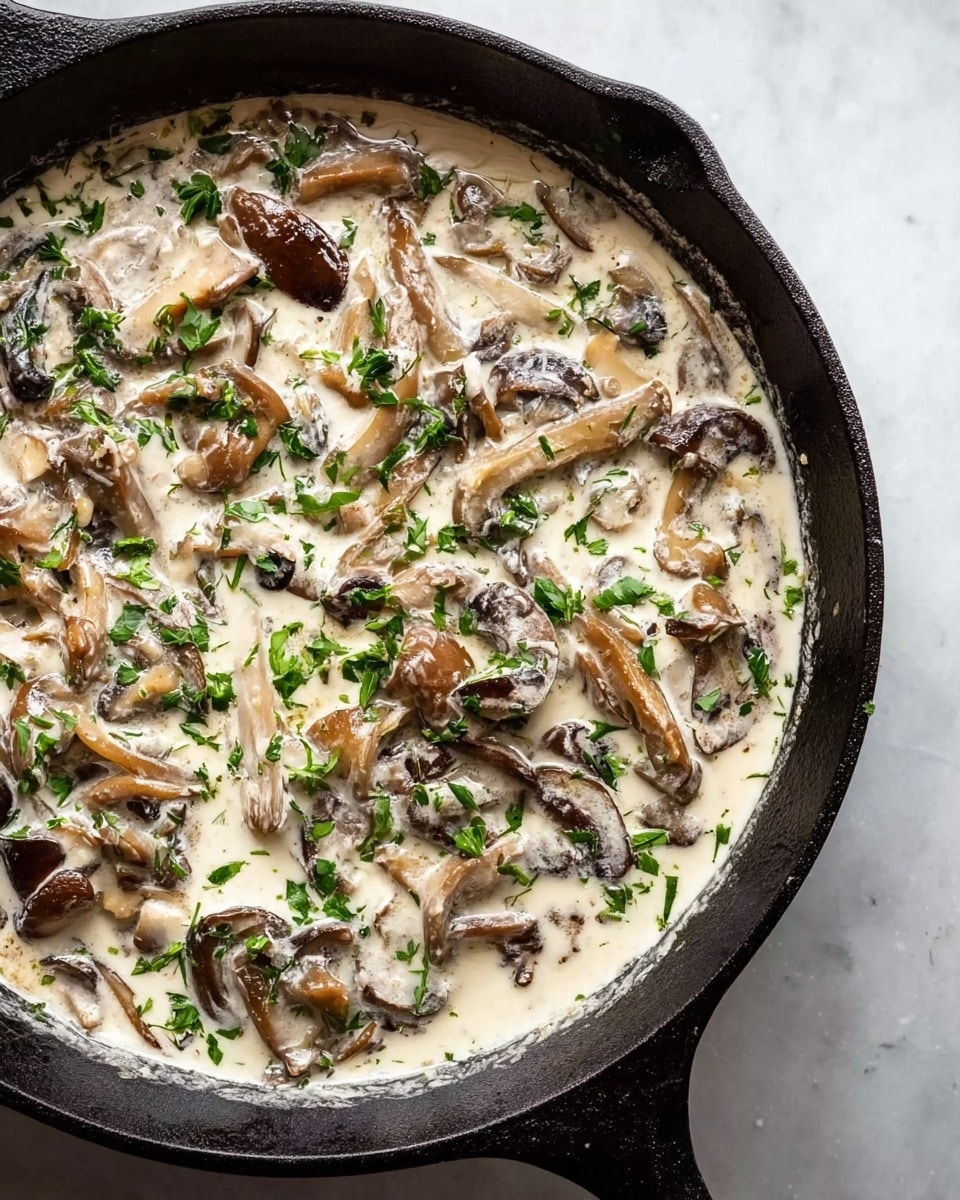 A close-up view of a black cast-iron skillet filled with creamy white sauce mixed with soft, cooked mushrooms of different shades of brown and grayth, scattered fresh green herbs sprinkled on top. The sauce looks thick and smooth, filling the skillet almost to the edges over a white marbled surface. Photo taken with an iphone --ar 4:5 --v 7