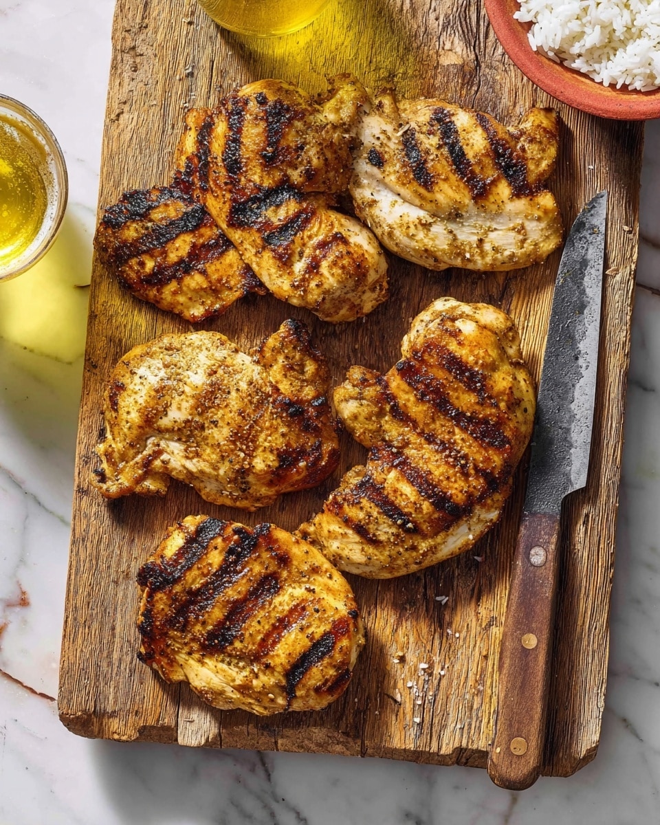 Five grilled chicken pieces with a golden brown color and visible char lines lay spread out on a rustic wooden cutting board. The chicken pieces show a slightly crispy and seasoned texture. A large knife with a wooden handle rests on the cutting board beside the chicken. The cutting board is placed on a white marbled surface. A glass of yellow liquid and a bowl of white rice are partially visible around the edges. photo taken with an iphone --ar 4:5 --v 7