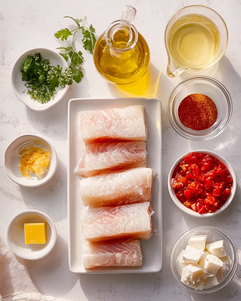 The image shows a white rectangular plate in the center with four pieces of raw white fish fillets arranged in two rows, each piece thick with a smooth texture and pale pinkish-white color. Surrounding the plate are small white dishes and glass containers: to the top left, a small dish with green parsley leaves and another with minced garlic; below those, a clear glass bottle with golden olive oil; on the right side, a small clear glass bowl filled with reddish-brown paprika powder and a glass jug containing a light yellow liquid, possibly broth; below the fish plate, a small dish with a yellow cube of butter, a small white bowl filled with a mix of finely chopped red tomatoes, and a clear bowl with soft white chunks, likely cream cheese. All items are placed on a white marbled surface, with soft natural light enhancing the clean and fresh look. Photo taken with an iphone --ar 4:5 --v 7