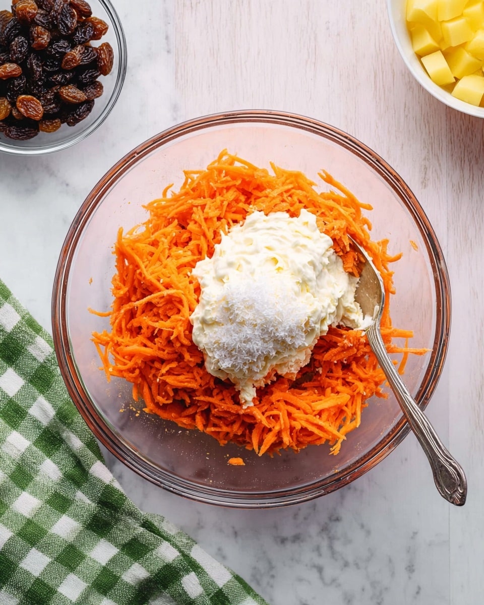 A clear glass bowl on a white marbled surface holds bright orange shredded carrots layered at the bottom, topped with a mound of creamy white mixture and a sprinkle of white granules, with a spoon partially inserted on the right side. Nearby on the same surface, there is a small clear glass bowl of dark brown raisins at the top left and a small part of a white bowl with yellow chunks at the bottom right. A green and white checkered cloth rests under the main bowl on the left side. The scene is bright and clean, showing fresh ingredients and preparation tools. photo taken with an iphone --ar 4:5 --v 7