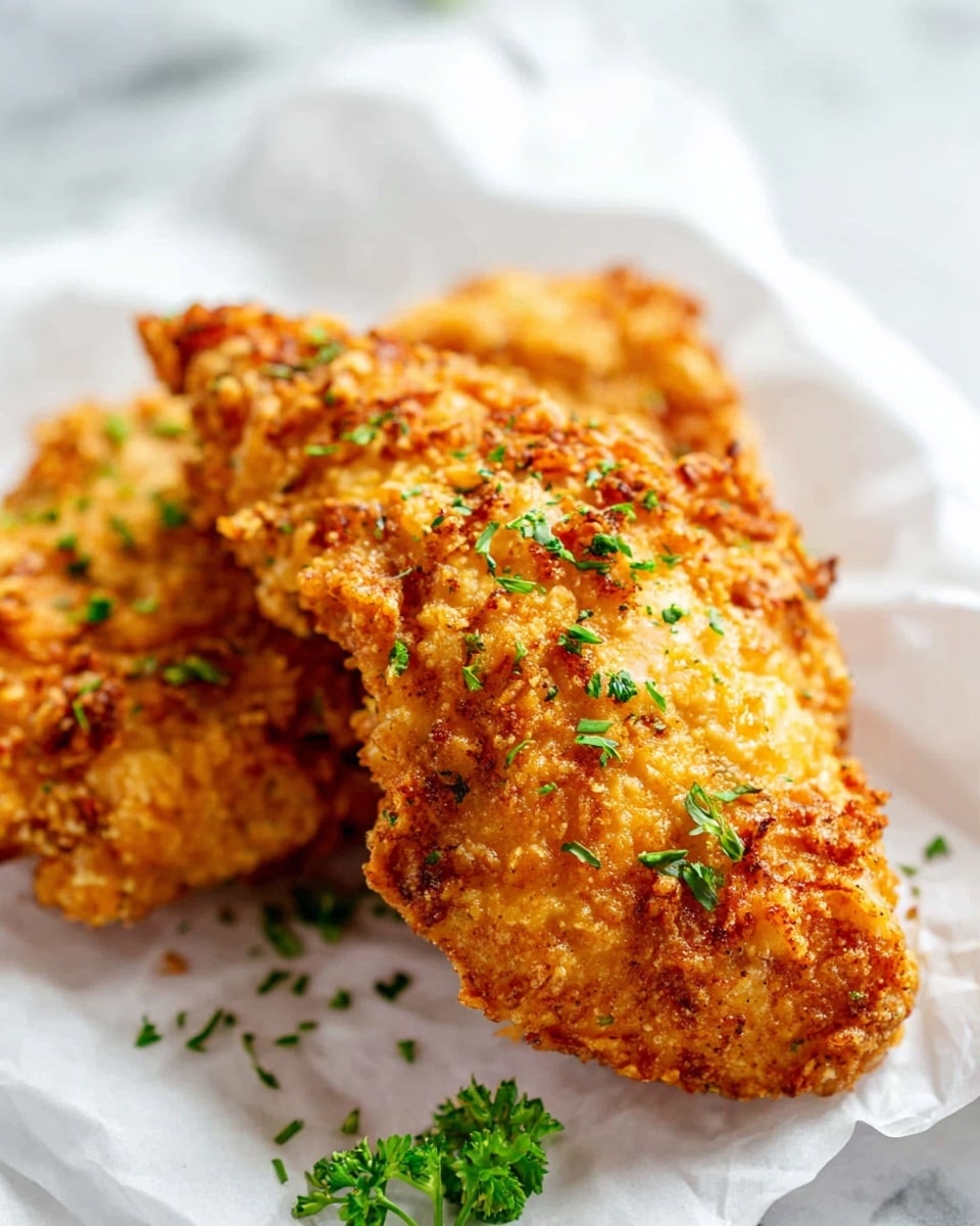 The image shows two pieces of fried chicken placed on white parchment paper, both with a crispy golden-brown crust. The pieces have a rough, crunchy texture with some small herb bits sprinkled on top, adding tiny green spots that contrast with the warm golden colors. The chicken is in soft focus, highlighting the crunchy surface and the fresh herbs scattered around. The background is a white marbled texture, which gives a clean and bright look to the image. photo taken with an iphone --ar 4:5 --v 7