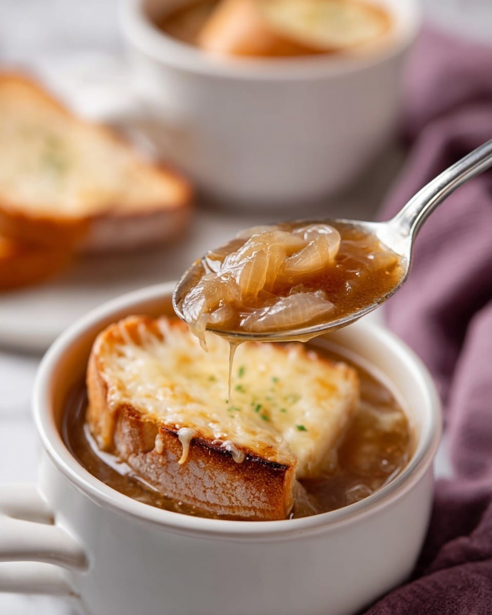 A close-up of a spoonful of golden brown onion soup broth with visible soft, translucent onion pieces held above a white cup filled with onion soup, topped with a layer of melted cheese that is light golden with a few browned spots, and a thick, toasted slice of light brown bread partially submerged under the cheese. Another white cup with a similar soup is visible in the blurred background, placed on a white marbled surface with a soft purple cloth nearby. photo taken with an iphone --ar 4:5 --v 7