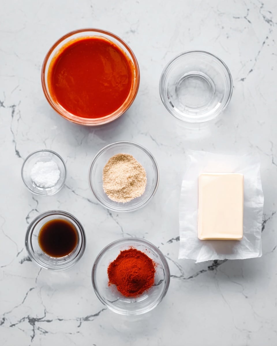 A top view of six small clear glass bowls and a small white block of butter placed on a white marbled surface. The bowls contain different ingredients: one large bowl holds a bright red sauce with a smooth texture at the top left; below it is a bowl with a clear liquid; in the center is a bowl with light brown granules; near the bottom right is a bowl with bright red powder; at the top right is a bowl with a dark brown liquid. The white block of butter is wrapped partially in paper and placed to the right of the bowls. The layout is neat and evenly spaced photo taken with an iphone --ar 4:5 --v 7
