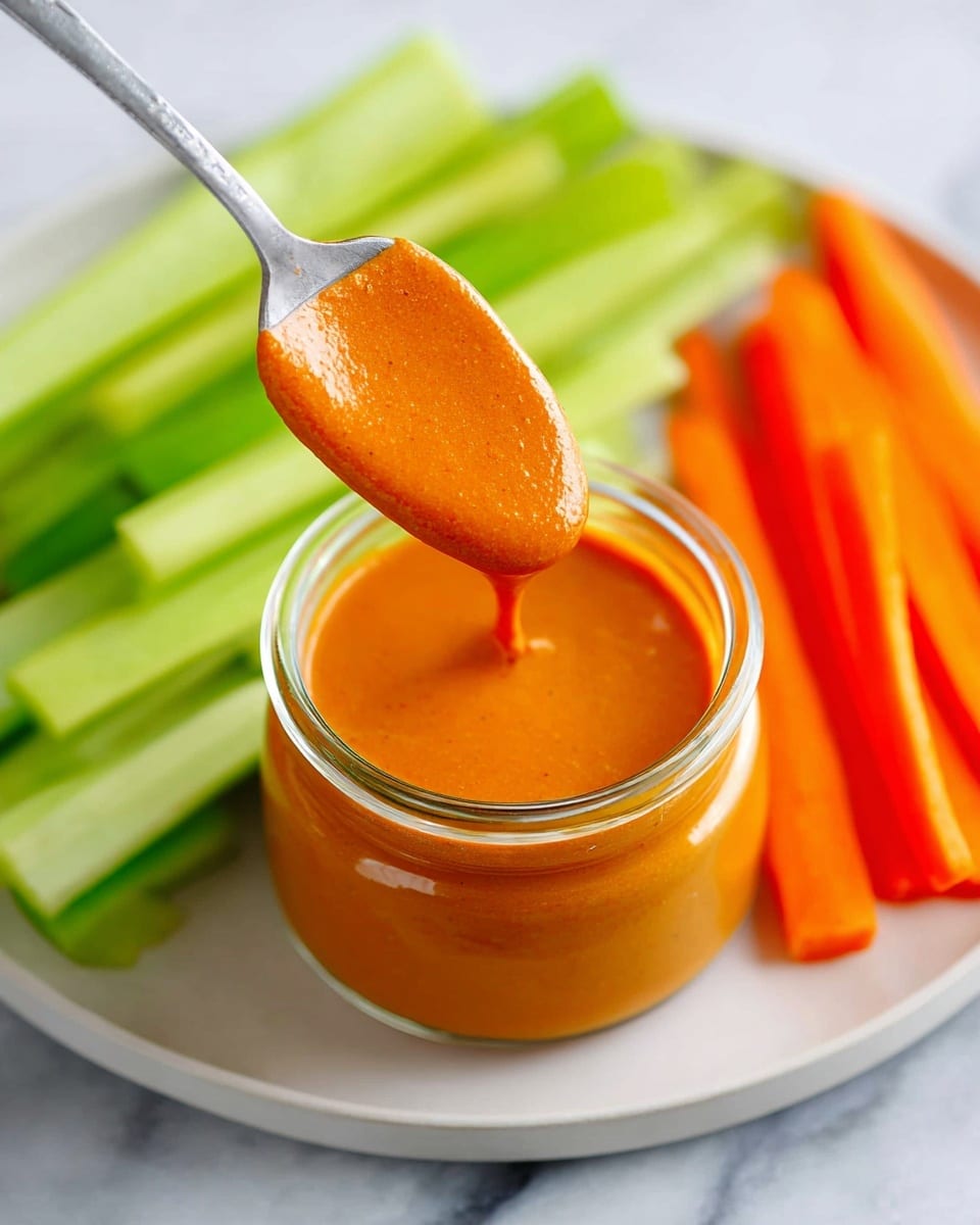 A close-up view of a small glass jar filled with thick orange dipping sauce, with a metal spoon holding a scoop of the sauce above the jar, showing its smooth texture. The jar is set on a white plate with fresh green celery sticks arranged in a neat stack at the back and bright orange carrot sticks placed on one side, all on a white marbled surface. The colors contrast well, with the green and orange vegetables enhancing the rich color of the sauce. Photo taken with an iphone --ar 4:5 --v 7