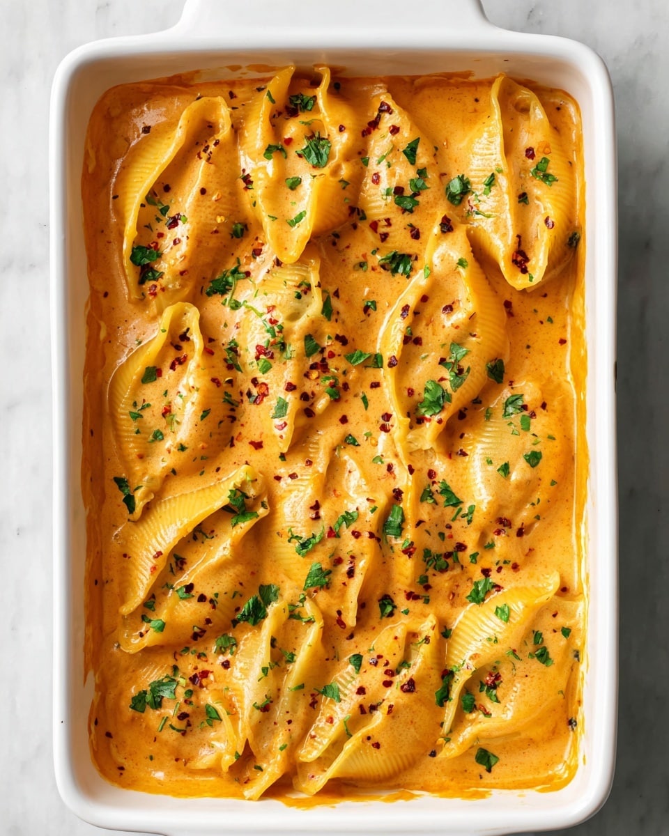 A white rectangular baking dish is filled with one layer of large, folded pasta shells covered in a thick, smooth orange cheese sauce. The pasta shells show some spots of light browning and are sprinkled with small green parsley leaves and tiny red pepper flakes evenly across the top. The dish is placed on a white marbled surface, with the cheese sauce coating the shells completely, giving a creamy texture. The surface of the sauce also has a light dusting of grated cheese adding a slightly grainy texture here and there photo taken with an iphone --ar 4:5 --v 7