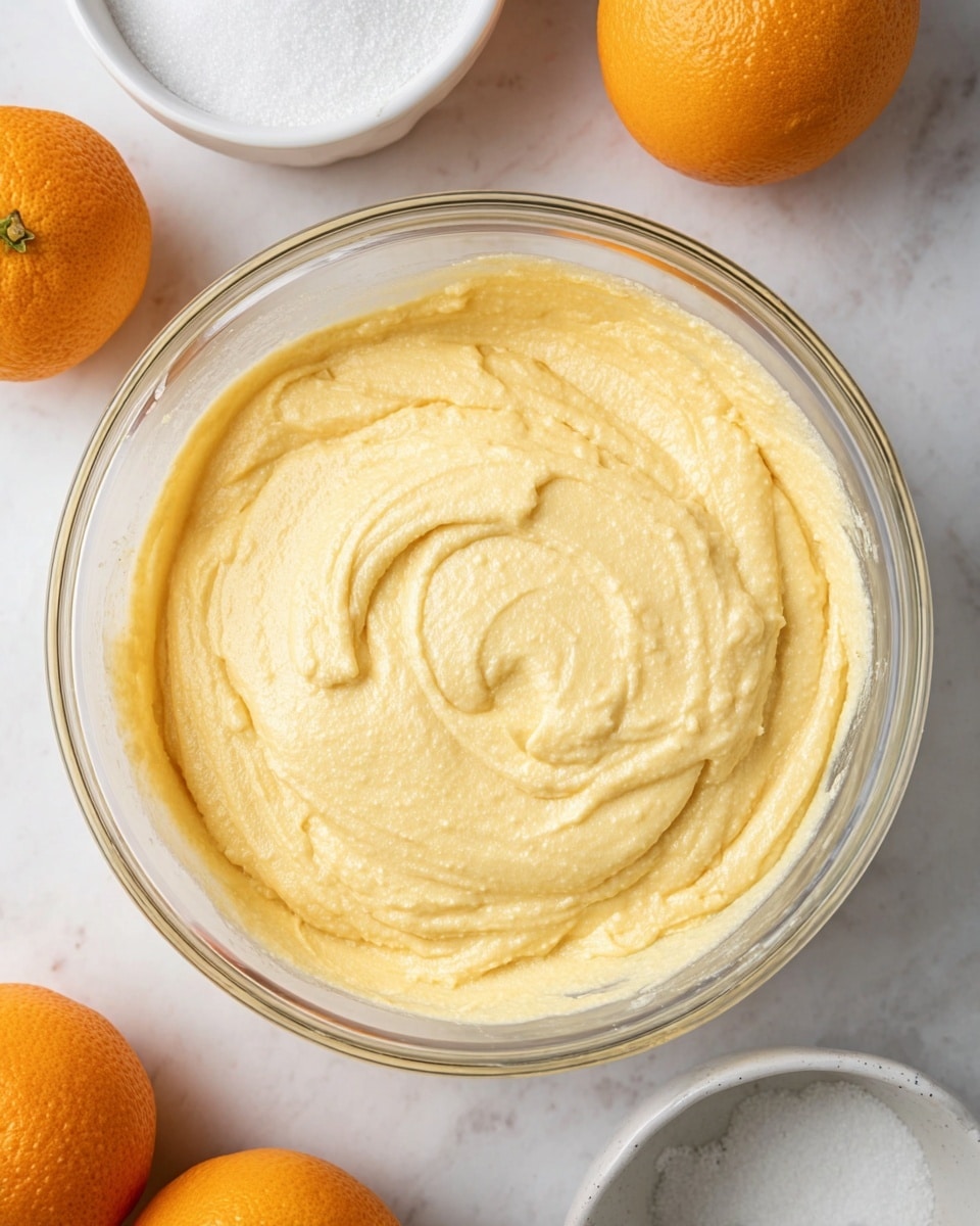 The image shows a clear glass bowl filled with a thick, creamy yellow batter that has a smooth yet slightly textured surface with soft swirls and folds all around the bowl. The bowl sits on a white marbled surface, and nearby are two whole bright orange oranges and a small white bowl filled with granulated white sugar. The batter appears well mixed and evenly colored, occupying almost the entire bowl. Photo taken with an iphone --ar 4:5 --v 7