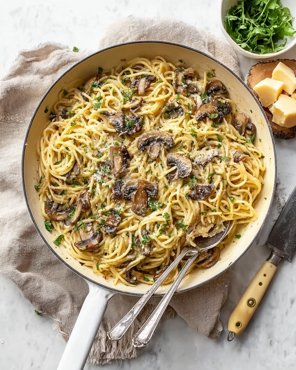 A white pan holds a creamy pasta dish with thick spaghetti noodles coated in a light yellow sauce. Dark brown cooked mushroom slices are scattered on top and mixed throughout the noodles. Finely chopped green herbs are sprinkled over the pasta, adding contrast. Two silver spoons rest inside the pan, positioned side by side. The pan sits on a light beige cloth over a white marbled surface. To the right, a white bowl with green leafy herbs, and a beige-handled knife lies next to a block of light yellow cheese with small chunks broken off. Photo taken with an iphone --ar 4:5 --v 7