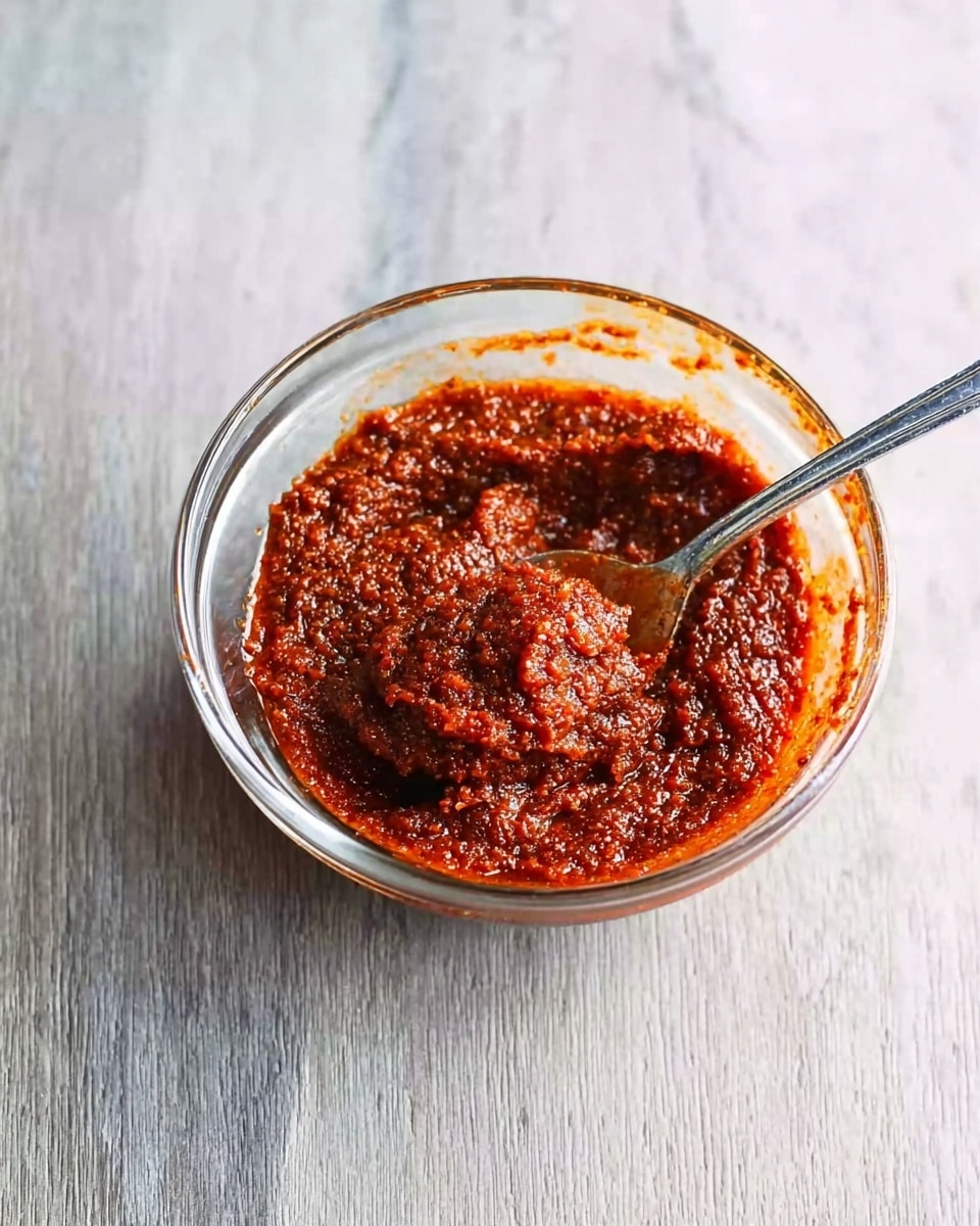 A clear glass bowl sits on a white marbled surface, filled with a thick, reddish-brown paste that has a slightly grainy texture. Inside the bowl, a silver spoon rests on the right side, partially covered in the paste with some of it scooped onto the spoon. The paste clings unevenly to the sides of the bowl, showing its dense consistency and rich color variation from dark brown to bright orange-red. Photo taken with an iphone --ar 4:5 --v 7