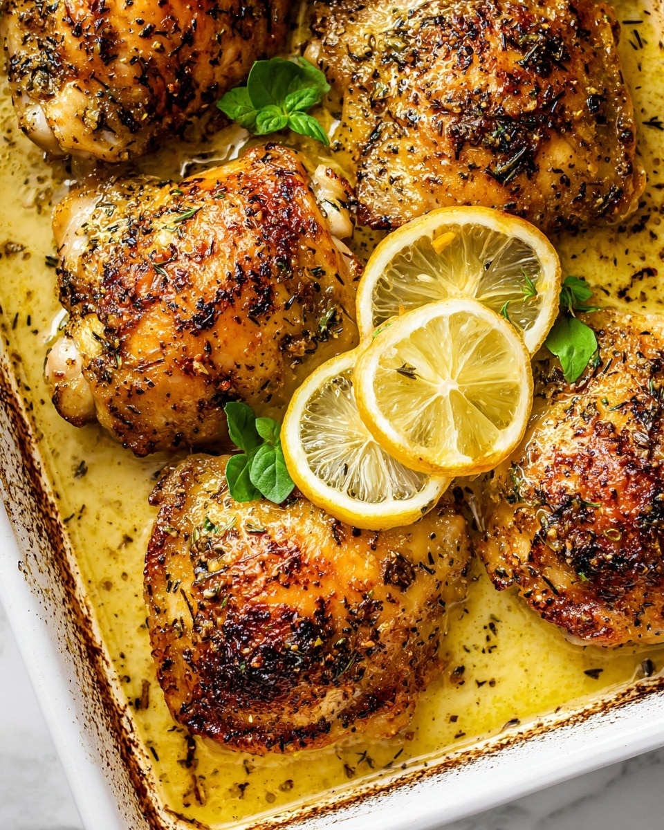 The image shows a close-up of five cooked chicken thighs in a white baking dish with a golden-brown color, crispy skin, and sprinkled with herbs that add dark specks on the surface. The thighs sit in a layer of light yellow sauce that fills the bottom of the dish. Two thin lemon slices with a translucent pale yellow color rest on top of the chicken in the center, accompanied by small green fresh herb leaves placed near the lemon slices and chicken. The dish has browned edges with some sauce stains, and the background is a white marbled texture. photo taken with an iphone --ar 4:5 --v 7