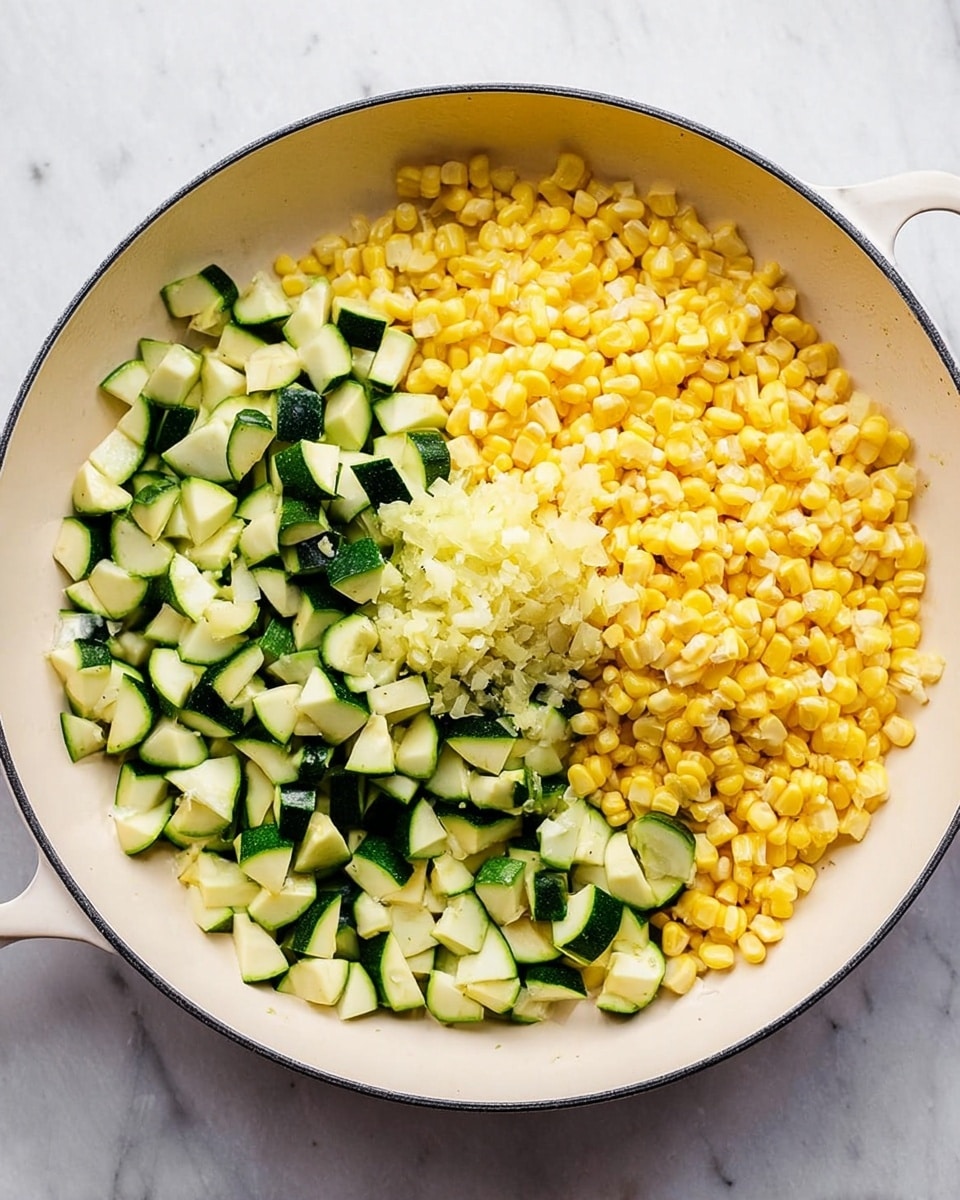 The image shows a white skillet filled with three main layers of fresh ingredients. The bottom layer is made up of chopped light green zucchini pieces with darker green skin, spread across about half of the pan in a semi-circle shape. In the center on top of the zucchini is a small pile of finely minced pale yellow garlic. The right half of the skillet is covered with bright yellow corn kernels, piled thick and dense. The skillet is placed on a white marbled surface. Photo taken with an iphone --ar 4:5 --v 7