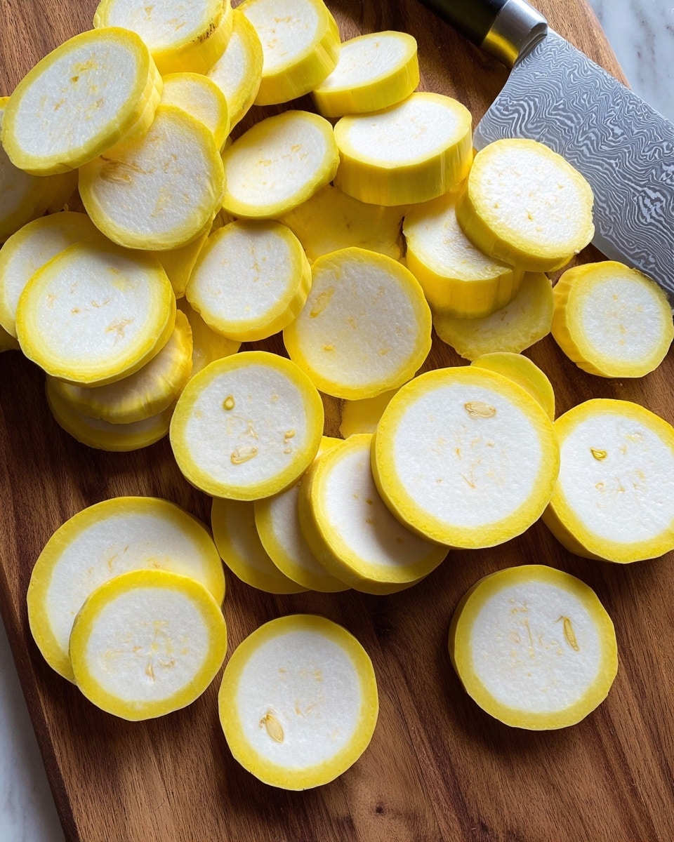 The image shows many yellow circular slices of squash spread out on a wooden surface. Each slice has a bright yellow outer edge with a lighter, almost white center that has small, pale seeds embedded inside. The slices vary in thickness but are mostly thick and round, overlapping each other. A large kitchen knife with an etched blade lies near the lower edge of the wooden surface. The background is a white marbled texture. photo taken with an iphone --ar 4:5 --v 7