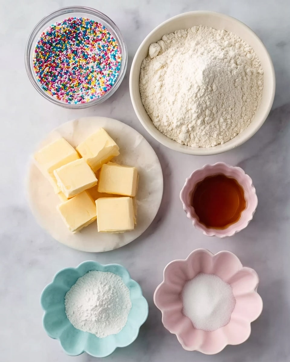The image shows six small bowls arranged on a white marbled surface. The top right bowl is filled with white flour and has a soft, powdery texture. To its left, there is a bowl with fine white sugar, smooth and even. Below the flour, a round white plate holds six cubes of creamy yellow butter with a firm texture. Below the sugar bowl on the left, a clear glass bowl contains colorful round sprinkles in various bright colors like pink, blue, yellow, green, and purple. Next to it on the right, a pink scalloped bowl holds a brown liquid, while to the right of that, another pink scalloped bowl has two white powders. Finally, a light blue scalloped bowl at the bottom left contains a white creamy substance. photo taken with an iphone --ar 4:5 --v 7