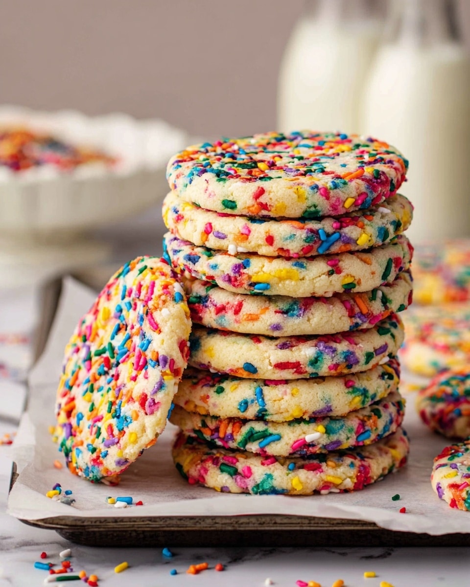 A stack of eight round sugar cookies covered with bright, colorful sprinkles, each cookie showing a soft, slightly cracked texture with multicolored sprinkles in red, blue, green, yellow, orange, and purple spread evenly on top and around the sides. The cookies sit on white paper lining a dark baking tray, with a few loose sprinkles scattered on the tray and the white marbled surface below. In the blurred background, there are glass bottles of milk and a white porcelain dish. Photo taken with an iphone --ar 4:5 --v 7
