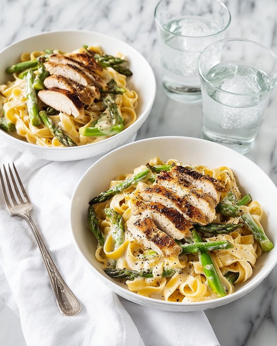 Two white bowls sit on a white marbled surface, each filled with creamy fettuccine pasta layered at the base, light yellow in color and smooth in texture. Scattered on top are pieces of green asparagus cut into short sections, some standing upright, adding a fresh, vibrant contrast. Sliced grilled chicken with a golden brown, slightly charred surface is placed on top of the asparagus and pasta in each bowl. The dish is sprinkled with black pepper. Next to the bowls are two clear glasses with ice and water, a white cloth napkin, and a silver fork resting nearby. Photo taken with an iphone --ar 4:5 --v 7