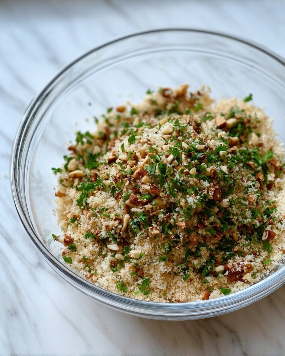 A clear glass bowl sits on a white marbled surface filled with a mix of small crumbled pieces of light beige crumbs, bright green chopped herbs, and medium brown chopped nuts, creating a textured layered look with the light crumbs as the main base and the green and brown bits scattered evenly on top. Photo taken with an iphone --ar 4:5 --v 7