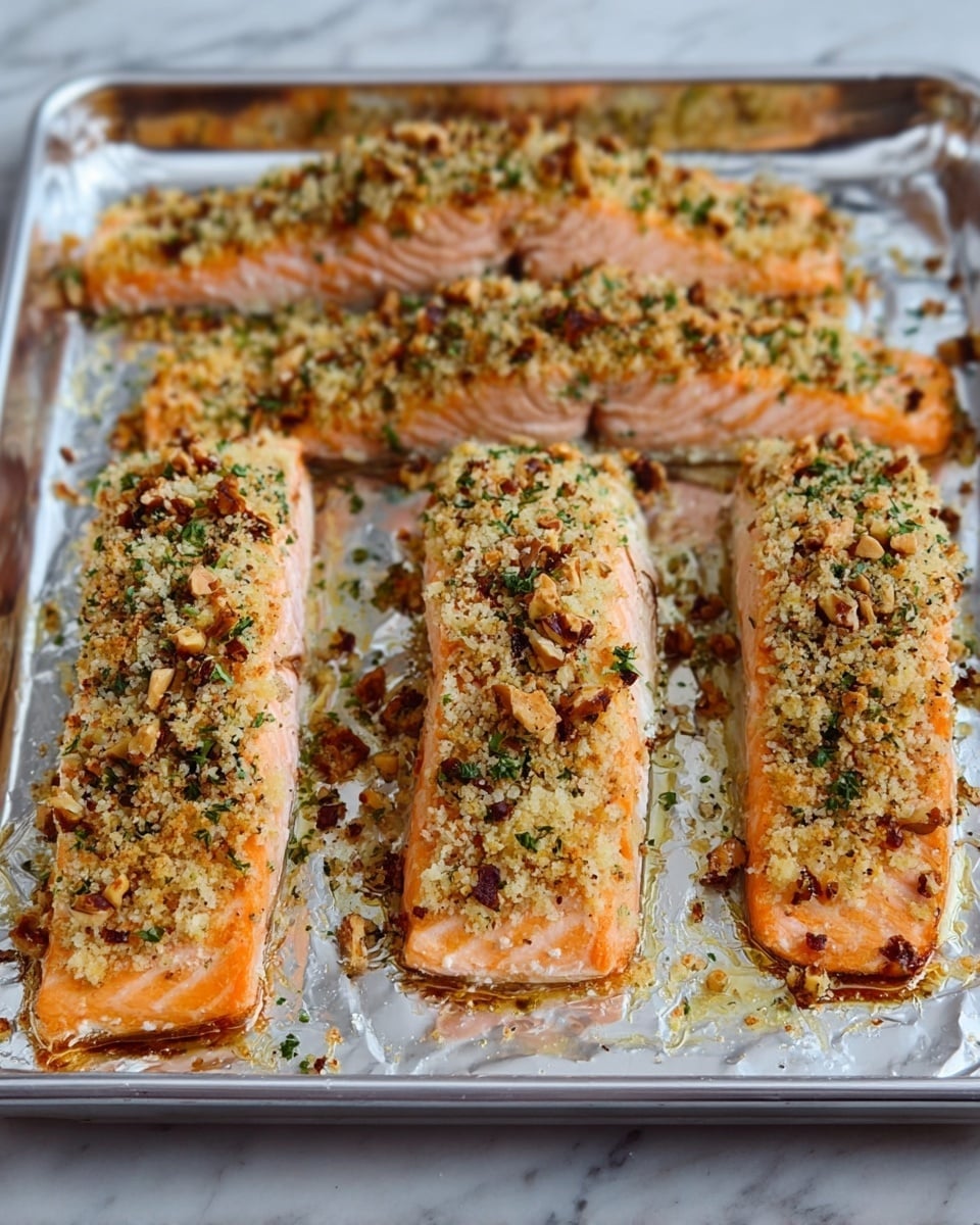 Four pieces of cooked salmon fillets lay side by side on a silver baking tray lined with shiny foil. Each fillet is topped with a golden-brown crumbly mix that looks crunchy, with bits of chopped nuts and green herbs spread evenly across the surface. The salmon flesh is light orange and flaky, showing cooked layers beneath the topping. The tray sits on a white marbled surface. Photo taken with an iphone --ar 4:5 --v 7