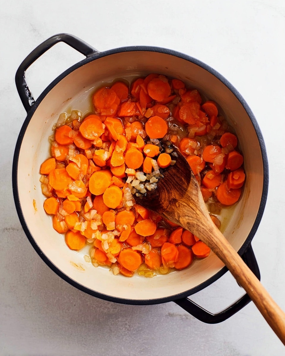 A large black pot with white inside holds cooked, sliced carrots and small pieces of translucent onion spread unevenly across the bottom. A long wooden spoon rests inside the pot, angled from the bottom right, touching the vegetables. The pot sits on a white marbled surface with a wooden handle extending to the right. The carrots have a bright orange color and slightly soft texture, while the onions are light brown and glossy. Photo taken with an iphone --ar 4:5 --v 7
