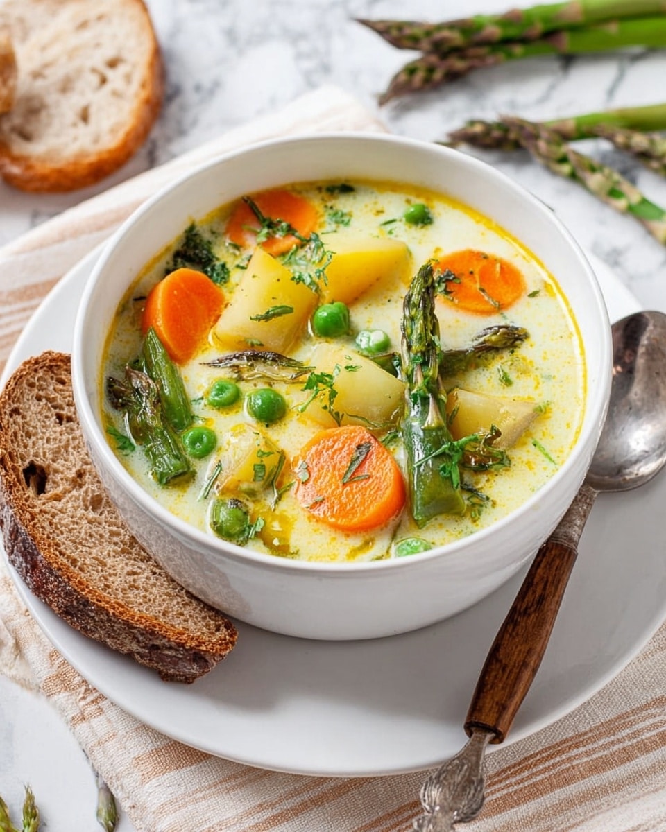 A white bowl filled with creamy soup sits on a white plate; the soup has layers of bright orange carrot slices, pale yellow potato chunks, light green peas, and darker green asparagus pieces, with fresh green herbs sprinkled on top. To the right of the bowl, a silver spoon with a wooden handle rests partially on the plate, and a thick slice of brown crusty bread is placed next to it. The background has a white marbled texture with a beige striped cloth underneath the plate, and some bread slices and raw asparagus are partially visible in the upper left and right corners. photo taken with an iphone --ar 4:5 --v 7