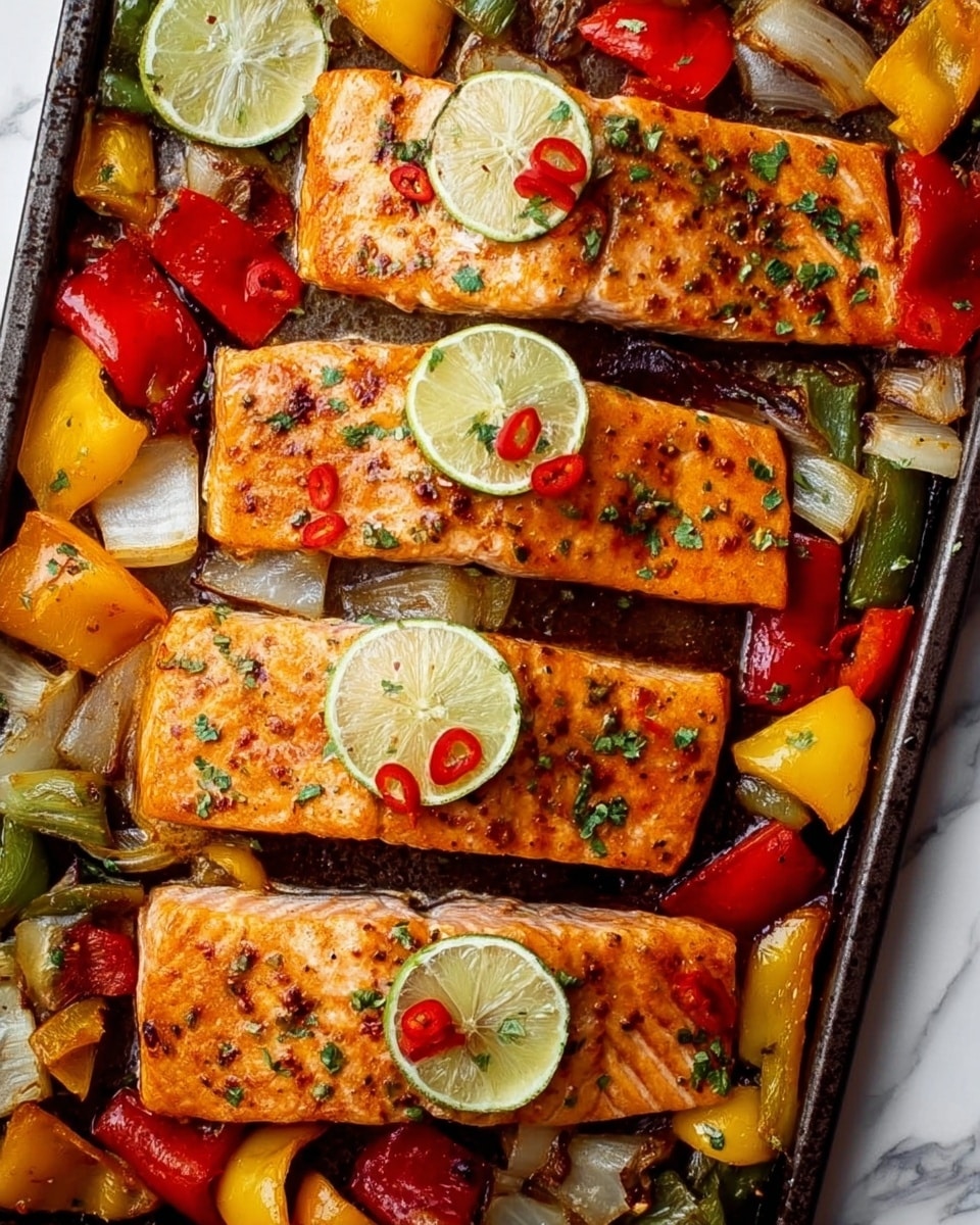 Sheet Pan Chili Lime Salmon with Roasted Peppers and Fajita Flavors Recipe