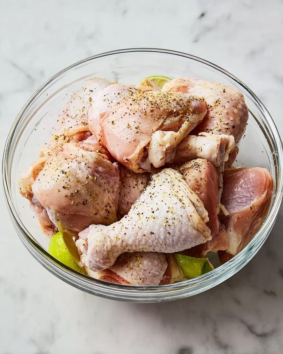 A clear glass bowl filled with raw chicken pieces, including drumsticks and thighs, arranged in a pile. The chicken is sprinkled with black pepper and has a slightly shiny, moist texture. Small lime wedges are tucked beneath some pieces, adding a hint of green. The bowl sits on a white marbled surface, creating a clean and bright background. photo taken with an iphone --ar 4:5 --v 7