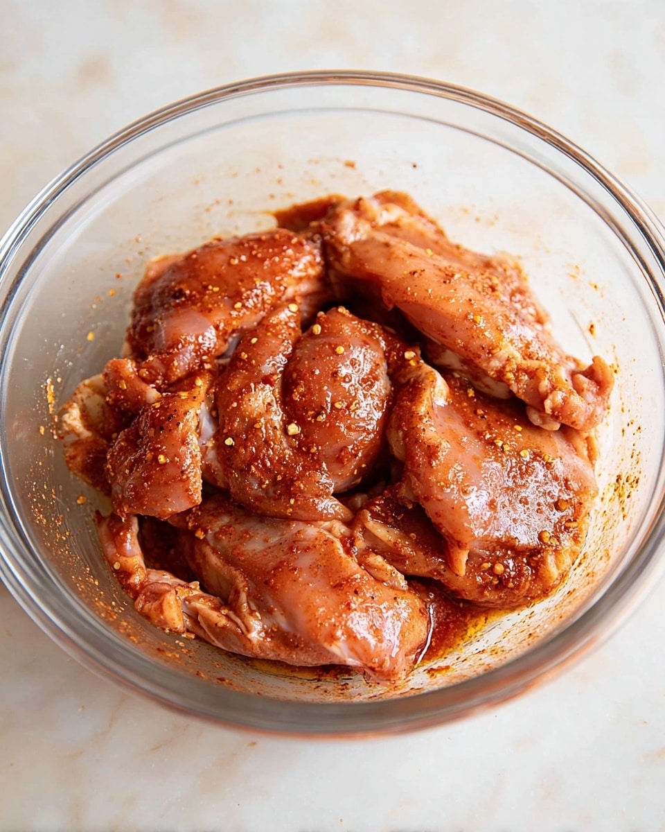 A clear glass bowl filled with several pieces of raw chicken thighs covered in a reddish-brown spice marinade, showing a shiny and moist texture with visible seasoning specks. The chicken pieces are layered closely together inside the bowl, which sits on a white marbled surface. photo taken with an iphone --ar 4:5 --v 7