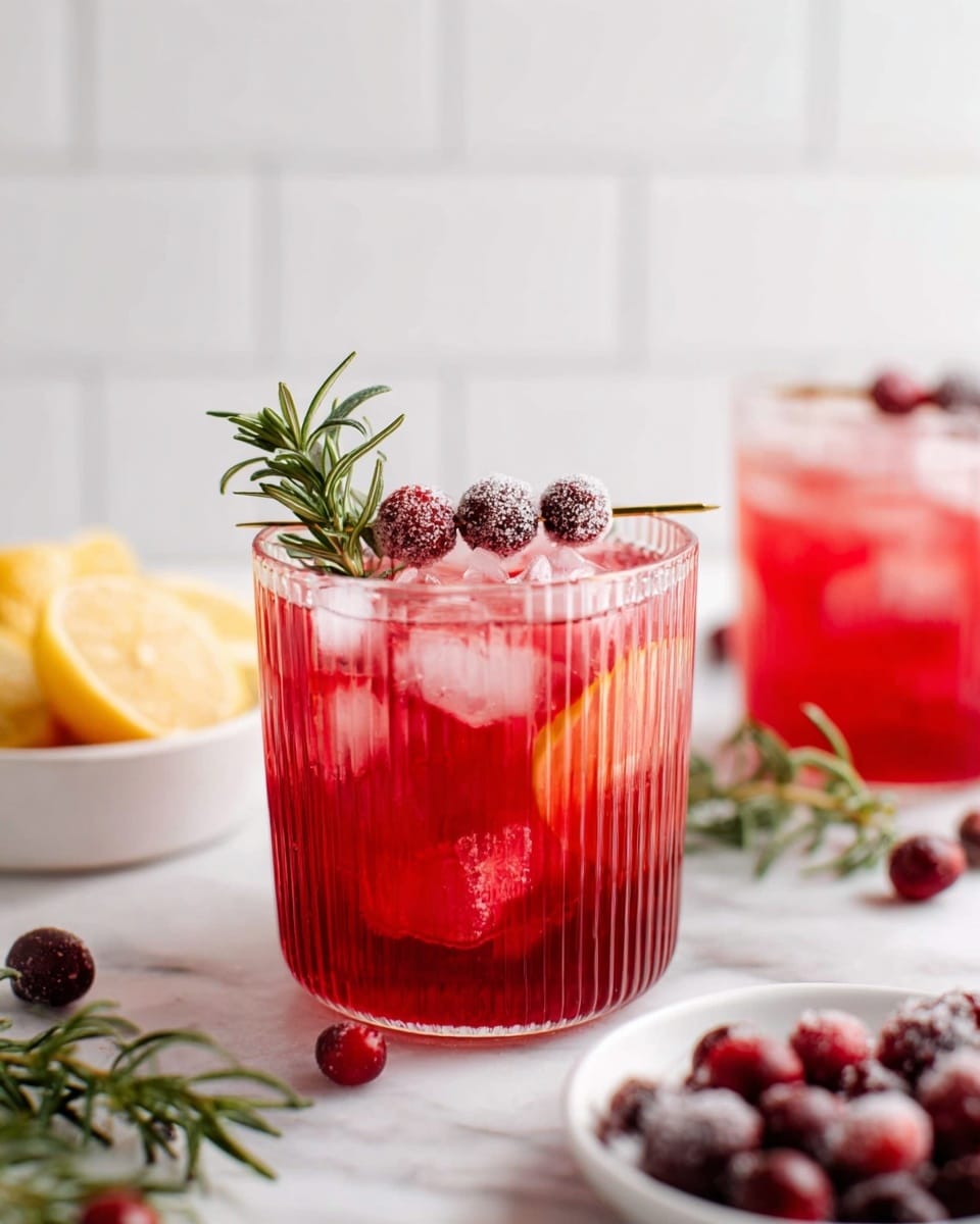 A white marble surface holds a clear ribbed glass filled with bright red liquid and ice cubes, with a slice of yellow lemon inside the glass near the side. On top, a golden skewer carries three sugar-coated cranberries and a fresh green rosemary sprig stands up behind them. Nearby, a white bowl with more sugar-coated cranberries is partially visible, with some berries and rosemary sprigs scattered around. In the background, another glass with the same drink and garnish is blurred, along with a plate of lemon wedges. The scene is bright and clean with a white tiled wall in the back. photo taken with an iphone --ar 4:5 --v 7