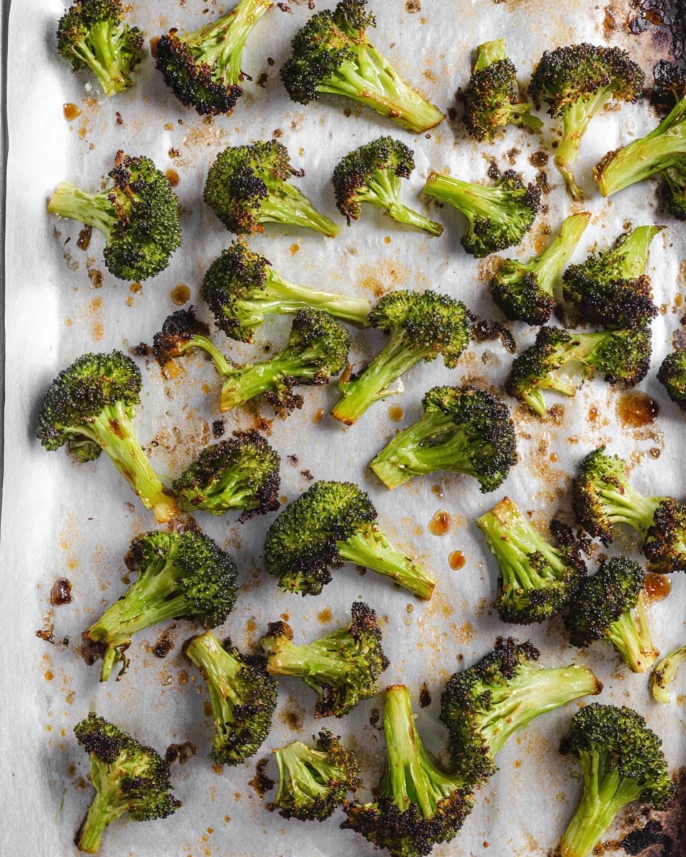 The image shows many small broccoli florets spread out on a white baking tray lined with parchment paper that has some browned spots and small oil stains. Each broccoli piece has a light green stalk and dark green tops with edges that are roasted and slightly blackened, giving a crispy texture. The florets are scattered unevenly, showing their rough and cooked surface on a white marbled texture background. Photo taken with an iphone --ar 4:5 --v 7