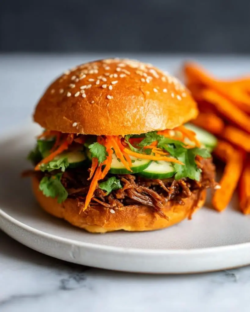 Honey Garlic Shredded Beef Sandwiches with Sriracha Mayo and Fresh Veggies Recipe