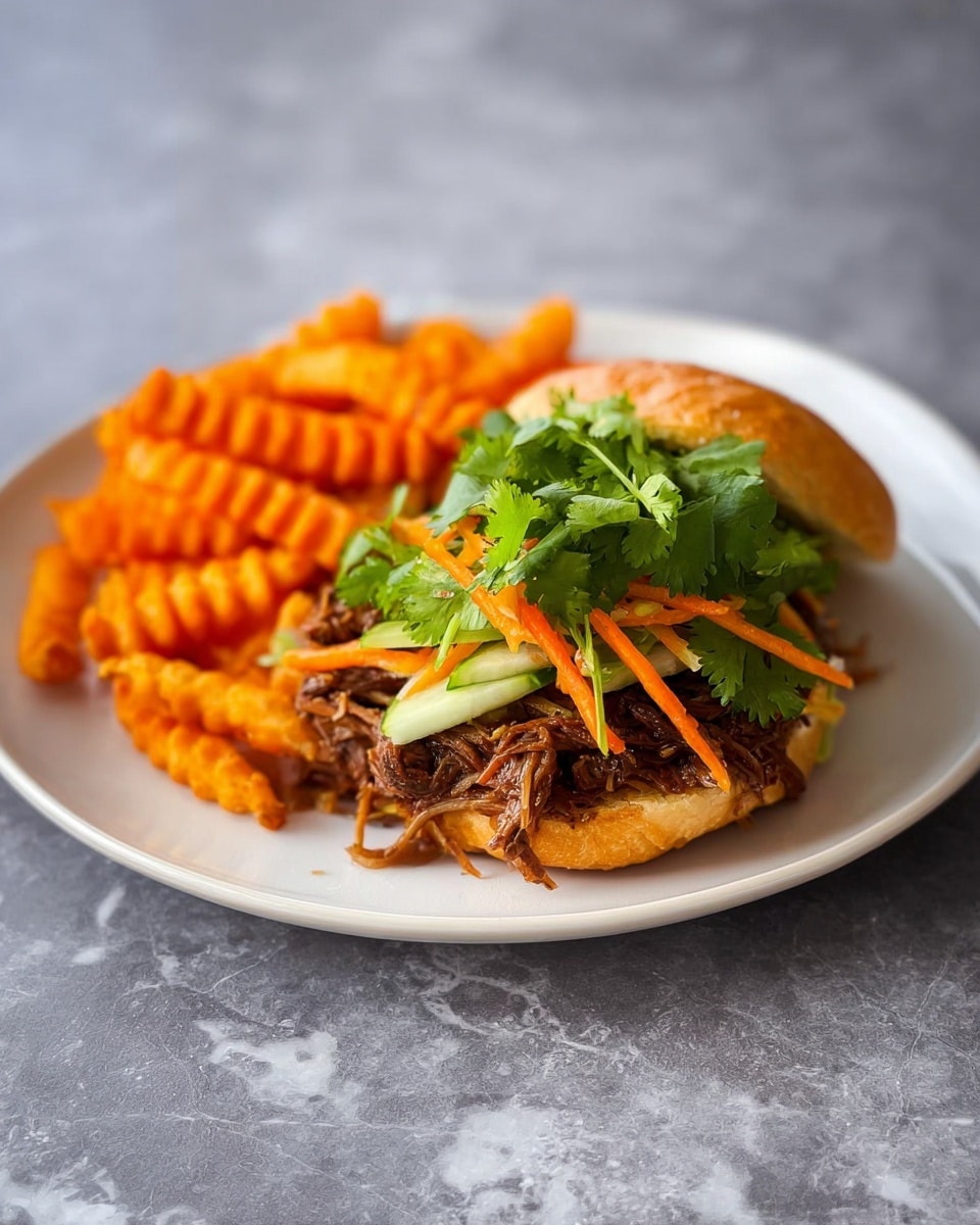 A white plate holds a sandwich open-faced with four layers: the bottom layer is a light toasted bun, followed by a thick layer of shredded dark brown cooked meat, then thin slices of pale cucumber, topped with shredded bright orange carrot and a bunch of fresh green cilantro leaves. To the side, there is a pile of bright orange, crinkle-cut fries. The plate is placed on a white marbled surface. photo taken with an iphone --ar 4:5 --v 7