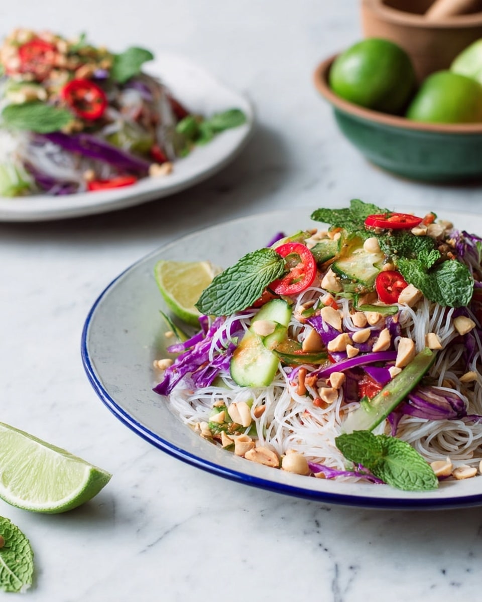 The dish shows a white plate with a blue rim filled with thin white rice noodles as the base layer, mixed with purple cabbage strips and thin cucumber slices. On top are slices of red chili and green scallion pieces, along with chopped peanuts sprinkled over the dish. Bright green mint leaves are scattered on and around the noodles. A lime wedge rests on the side of the plate. The scene includes a blurred second plate of the same dish in the back on a white marbled surface, with a green dish holding lime wedges and leaves, and a wooden mortar and pestle nearby. photo taken with an iphone --ar 4:5 --v 7