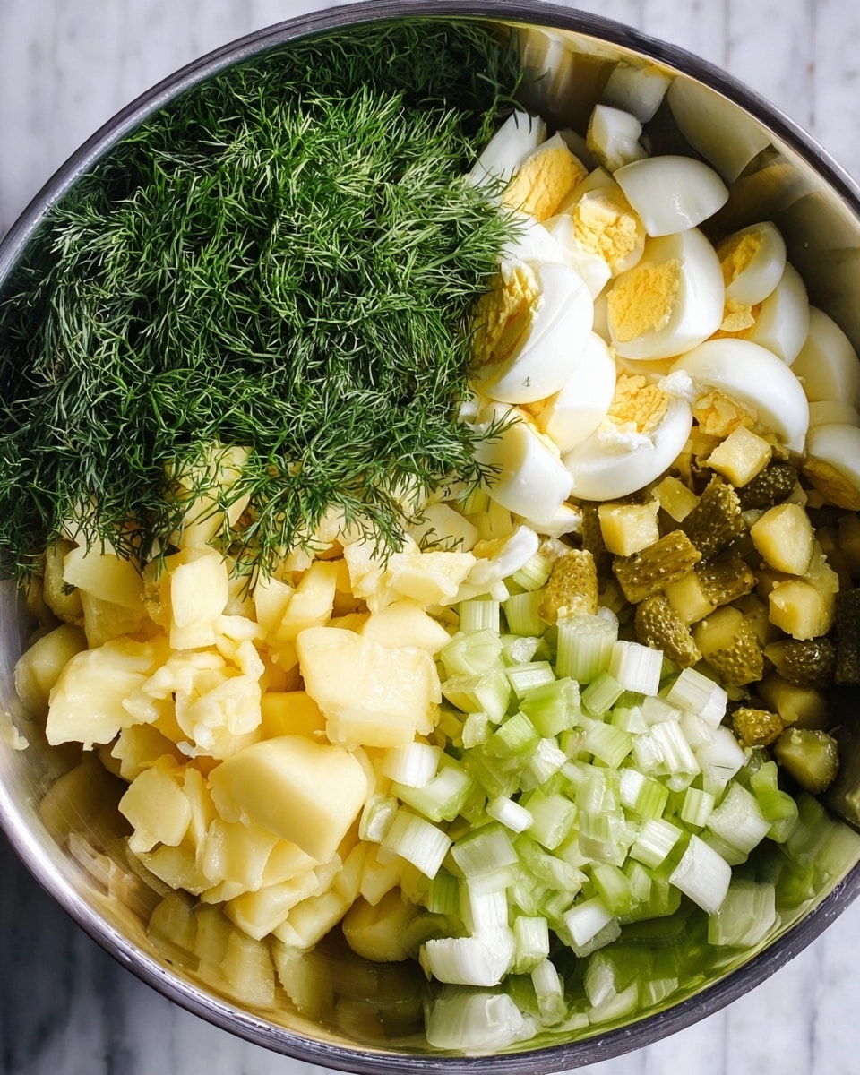 The image shows a close-up of a metal bowl filled with five main layers of ingredients, each in a separate section. Starting from the top left, there is a pile of fresh green dill with fine, feathery leaves, next to it on the right are chopped hard boiled eggs that have a white outer layer and yellow yolks in the center, followed by a cluster of diced pickles with a greenish-brown color on the right side. Below them are diced celery pieces with a light green color and a slightly fibrous texture, and finally, at the bottom left are chunks of boiled potatoes with pale yellow flesh and their skins still on. The bowl rests on a white marbled surface. photo taken with an iphone --ar 4:5 --v 7