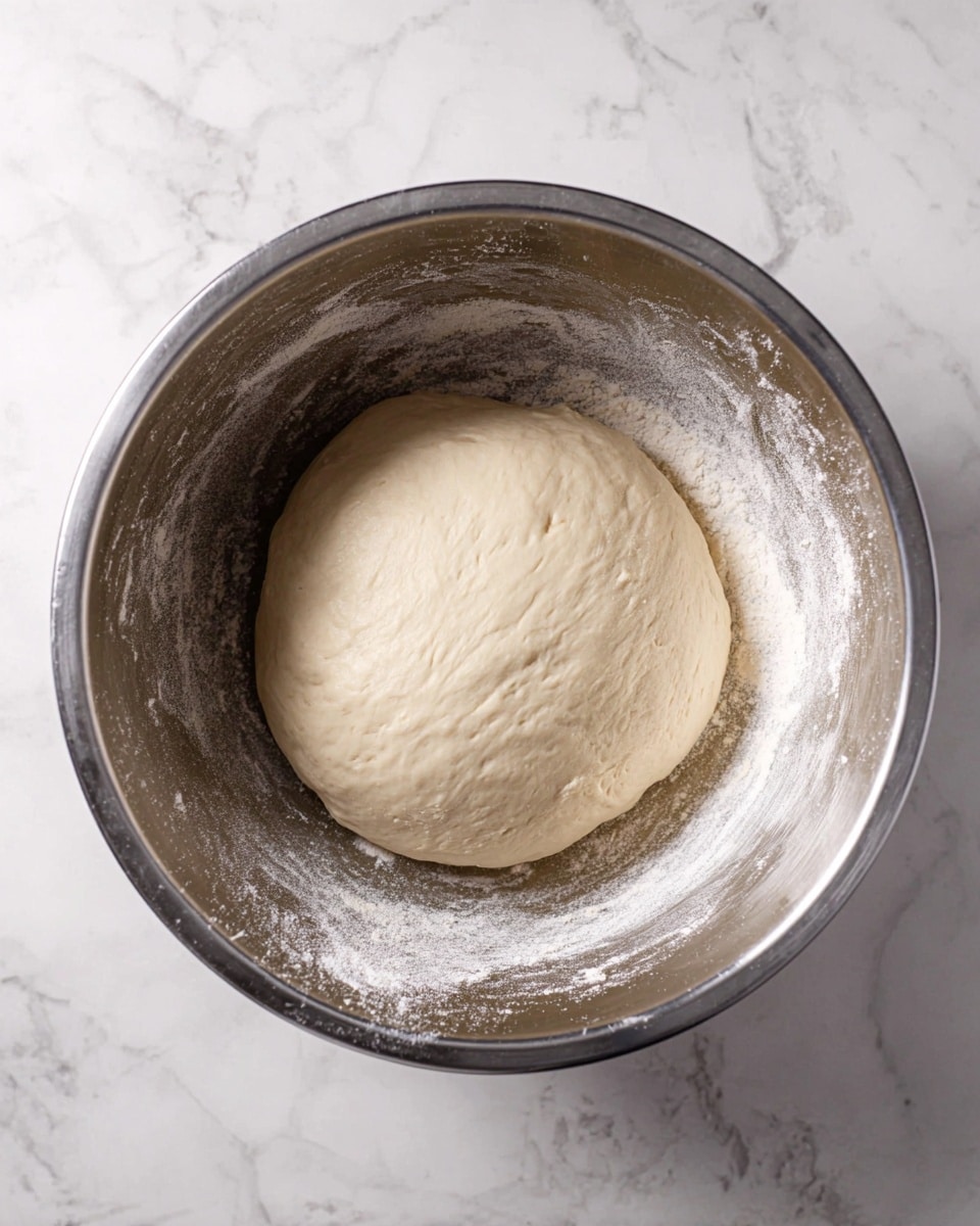 A shiny silver metal bowl filled with one smooth ball of pale beige dough that is softly puffed up, resting in the center of the bowl with some light flour residue on the bowl’s sides, all placed on a surface with white marbled texture photo taken with an iphone --ar 4:5 --v 7