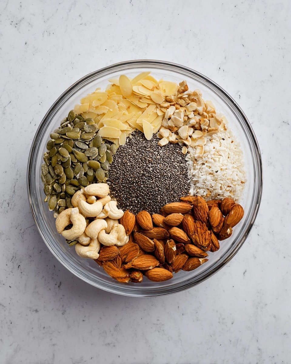 A clear glass bowl sits on a white marbled surface, filled with six distinct sections of nuts and seeds arranged in a circular pattern. Starting from the top and moving clockwise, there are thin, light yellow almond slices, dark green pumpkin seeds, white flat rice flakes, whole brown almonds, light tan cashew nuts, and a large mound of small black chia seeds in the center. Each section is clearly separated, showing off its unique texture and color. photo taken with an iphone --ar 4:5 --v 7