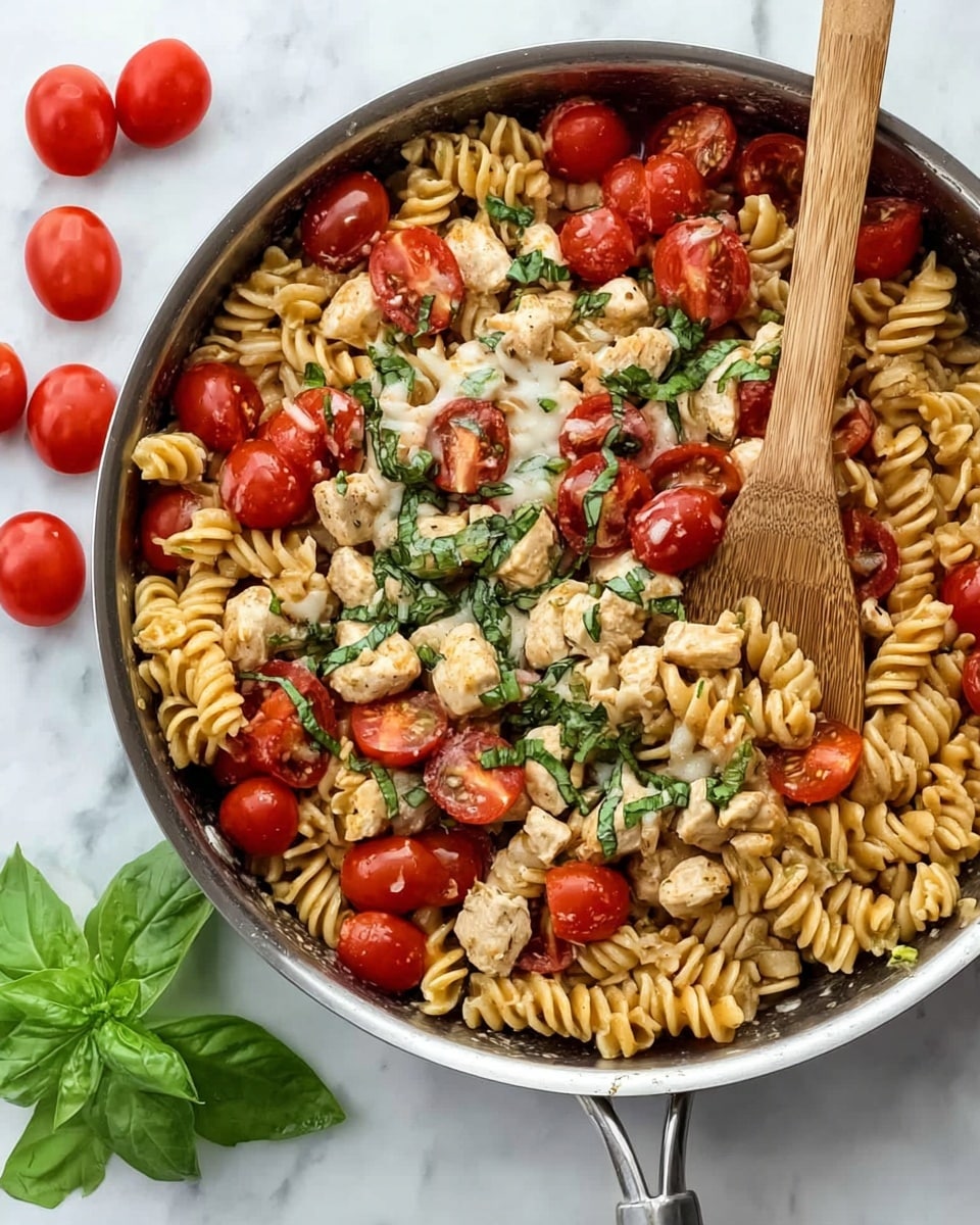 A close-up view of a large silver pan filled with three layers of food: the first layer is light brown spiral pasta, the second layer has bright red cherry tomatoes scattered evenly, and the third layer shows small pieces of light beige cooked chicken mixed with finely chopped green basil leaves. The food looks fresh and mixed together, with some melted light cheese draped over the pasta and chicken. A wooden spoon is placed inside the pan, surrounded by the vibrant colors of the dish. Three whole cherry tomatoes and a single fresh green basil leaf are placed around the pan on a white marbled surface. photo taken with an iphone --ar 4:5 --v 7