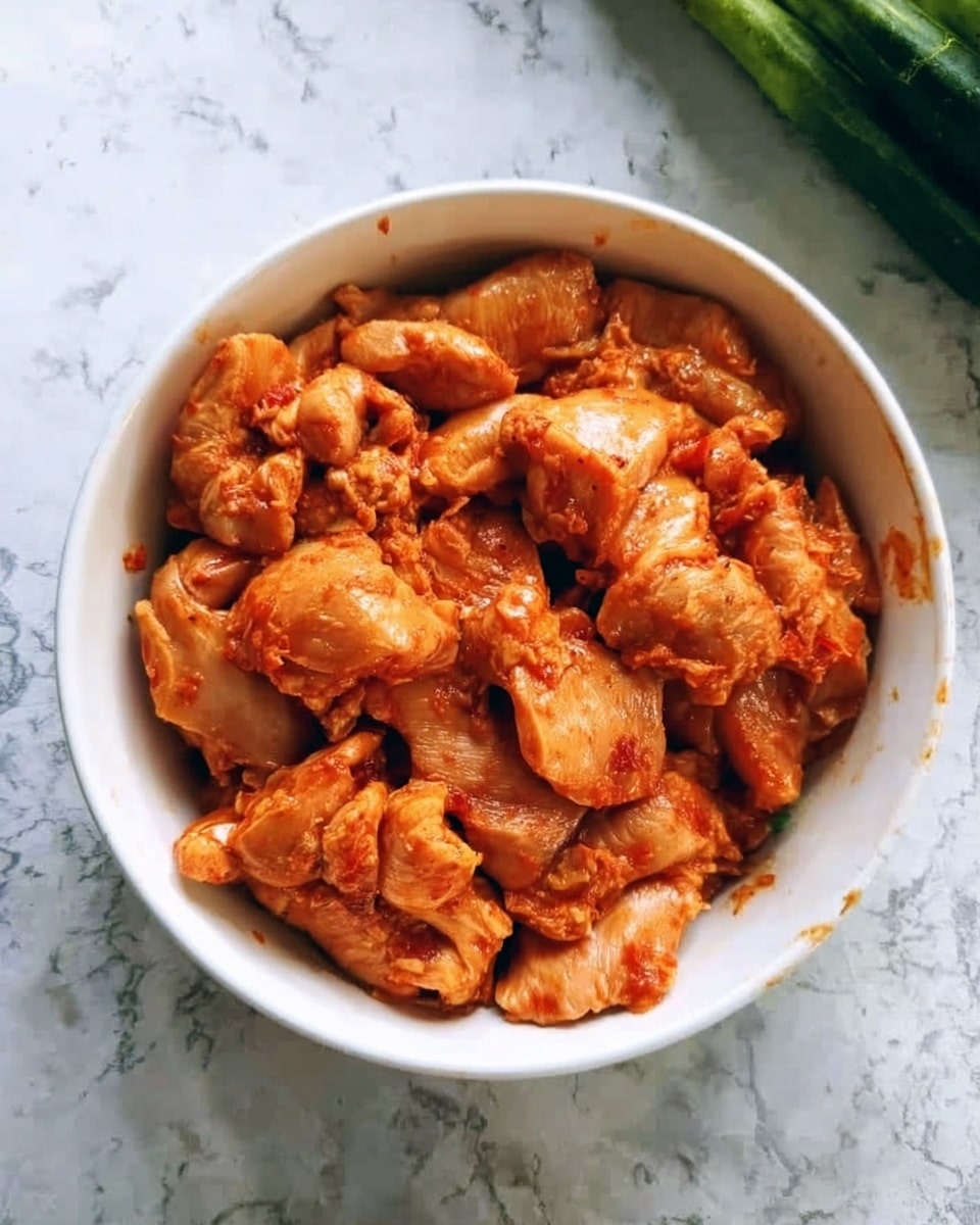 A white bowl filled with raw pieces of chicken marinated in a reddish-orange sauce. The chicken pieces are uneven in size and softly curved, showing some texture of the meat and sauce coating. The bowl is placed on a white marbled surface with a green vegetable partially visible at the top right corner. photo taken with an iphone --ar 4:5 --v 7