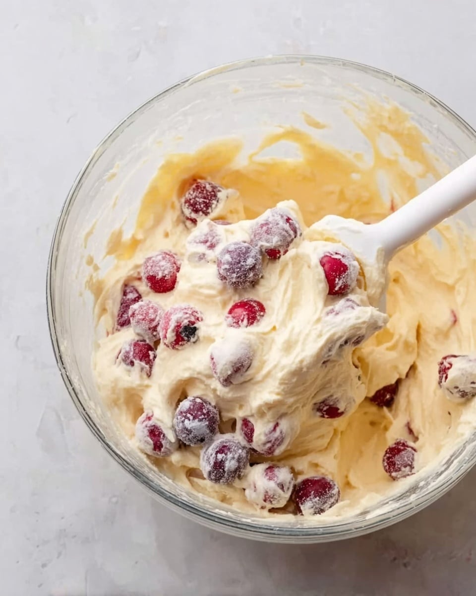 A clear glass bowl filled with a creamy, pale yellow mixture that has a smooth and thick texture. Mixed into the cream are fresh red and purple berries scattered throughout, some coated with a light dusting of white powder. A white spatula is partially submerged in the mixture, lifting some of it with berries on top. The bowl is placed on a white marbled surface. photo taken with an iphone --ar 4:5 --v 7