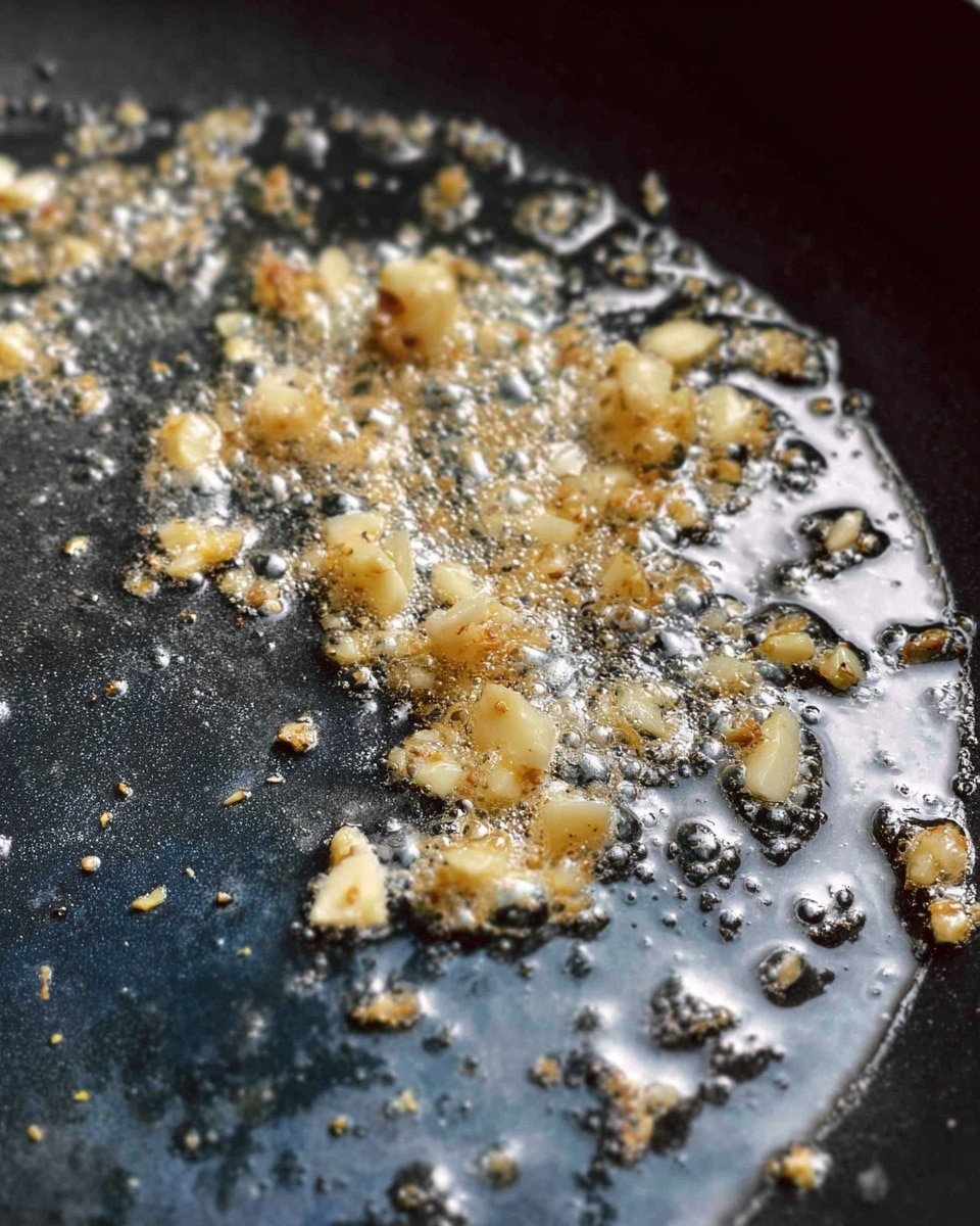 A close-up image of a black frying pan with bubbling, sizzling small chunks of garlic in hot oil. The garlic pieces are light golden to pale yellow and have a soft, slightly crispy texture. The frying pan surface has an oily sheen with tiny bubbles all around the garlic. The background is a white marbled texture. photo taken with an iphone --ar 4:5 --v 7