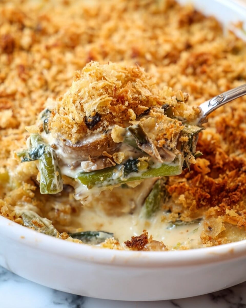A close-up view of a white round dish filled with a creamy casserole topped with a golden brown crunchy layer. The casserole has a thick, light cream-colored sauce mixed with cooked green vegetables and pieces of light brown mushrooms inside. The top layer is a crumbly, toasted crust with small bits and a rough texture covering the entire dish. A silver spoon lifts a serving from the dish, showing the soft creamy inside with visible green vegetable strips and mushroom pieces, all beneath the crispy topping. The dish sits on a white marbled surface. Photo taken with an iphone --ar 4:5 --v 7