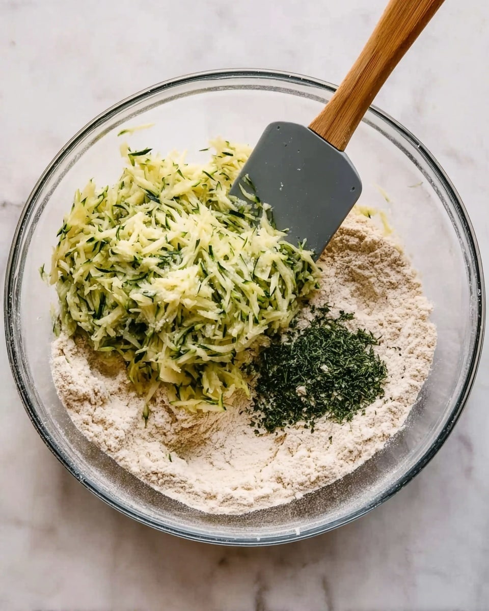 A clear glass bowl with three main layers inside: the bottom layer is a light beige flour mixture with a dry, powdery texture; on top of this, there is a middle layer of shredded green zucchini with wet, soft texture, piled in the center; beside the zucchini, there is a smaller pile of finely chopped dark green herbs. A gray spatula with a wooden handle rests inside the bowl, touching the zucchini. The bowl is set on a white marbled surface. Photo taken with an iphone --ar 4:5 --v 7