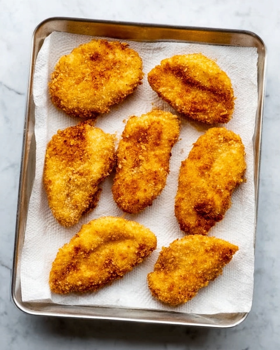 The image shows six pieces of golden brown fried food, each with a rough, crispy texture, spread out evenly on a silver metal tray lined with white paper towels. The fried pieces are irregular in shape and vary slightly in size, all having a crunchy, crumbly coating that looks light and crispy. The tray rests on a smooth white marbled surface, making the bright golden color of the fried pieces stand out clearly. photo taken with an iphone --ar 4:5 --v 7