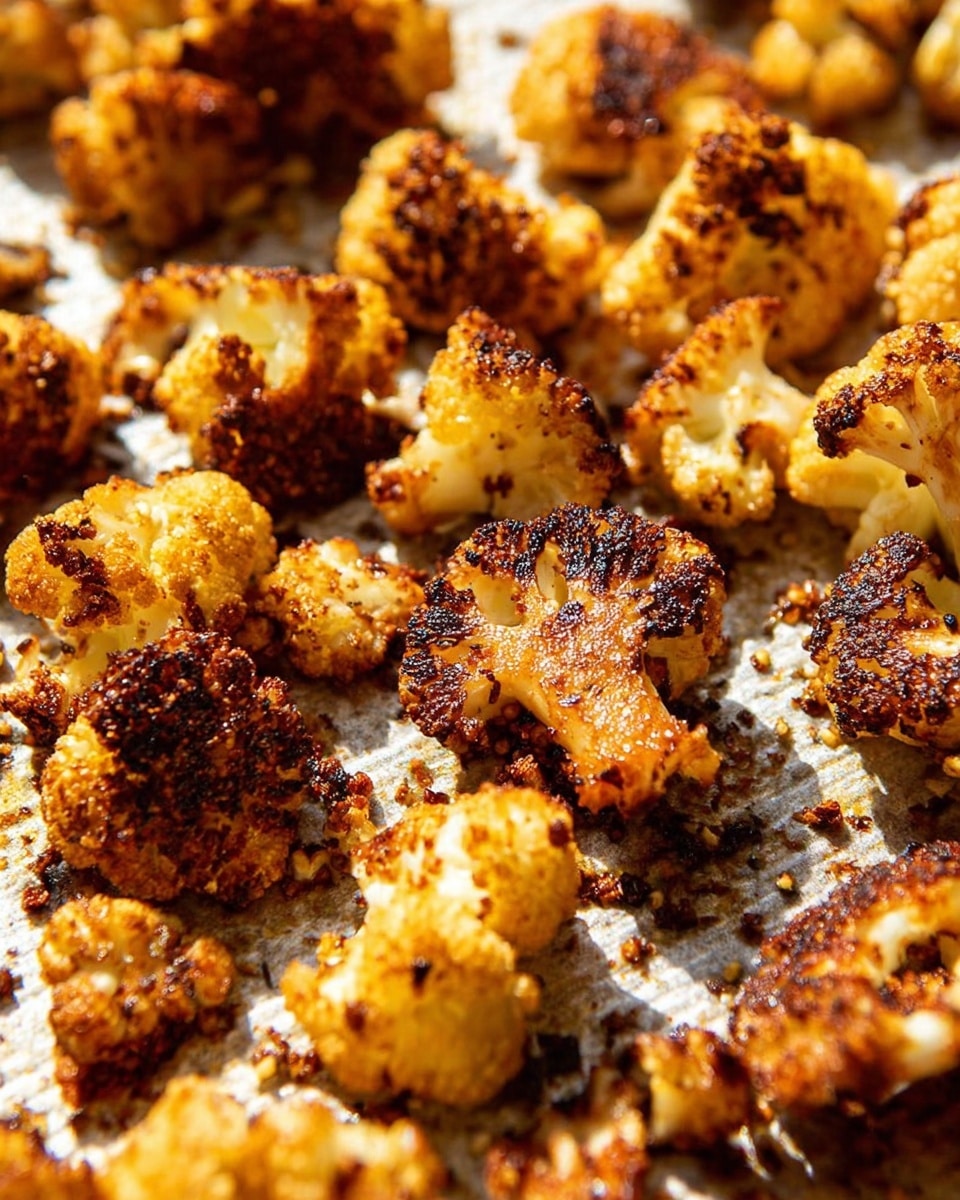 This image shows a close-up view of roasted cauliflower pieces on a white marbled textured surface. The cauliflower pieces are golden brown with dark charred spots, showing a crispy texture. The florets vary in size and are scattered unevenly, with small seasoning bits visible around them on the surface. The lighting highlights the rough texture and color contrast of the roasted cauliflower, making it look rich and flavorful. photo taken with an iphone --ar 4:5 --v 7