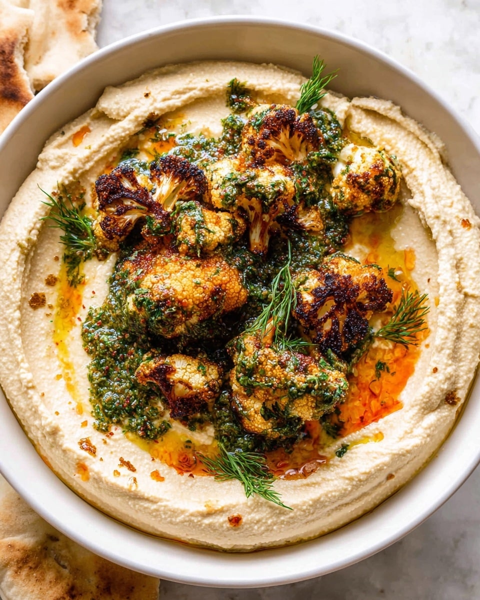 A white bowl filled with a smooth, creamy beige hummus spread in a circular pattern forming one thick base layer. On top, there are several pieces of roasted cauliflower with a golden-brown char, scattered in the center. The cauliflower is coated in green herb sauce with bits of finely chopped parsley and garlic, and small sprigs of fresh dill are placed around the cauliflower. A reddish-orange oil is drizzled over the cauliflower and hummus, pooling slightly in some areas. The bowl sits on a white marbled surface with some pieces of pita bread partially visible near the edge. photo taken with an iphone --ar 4:5 --v 7