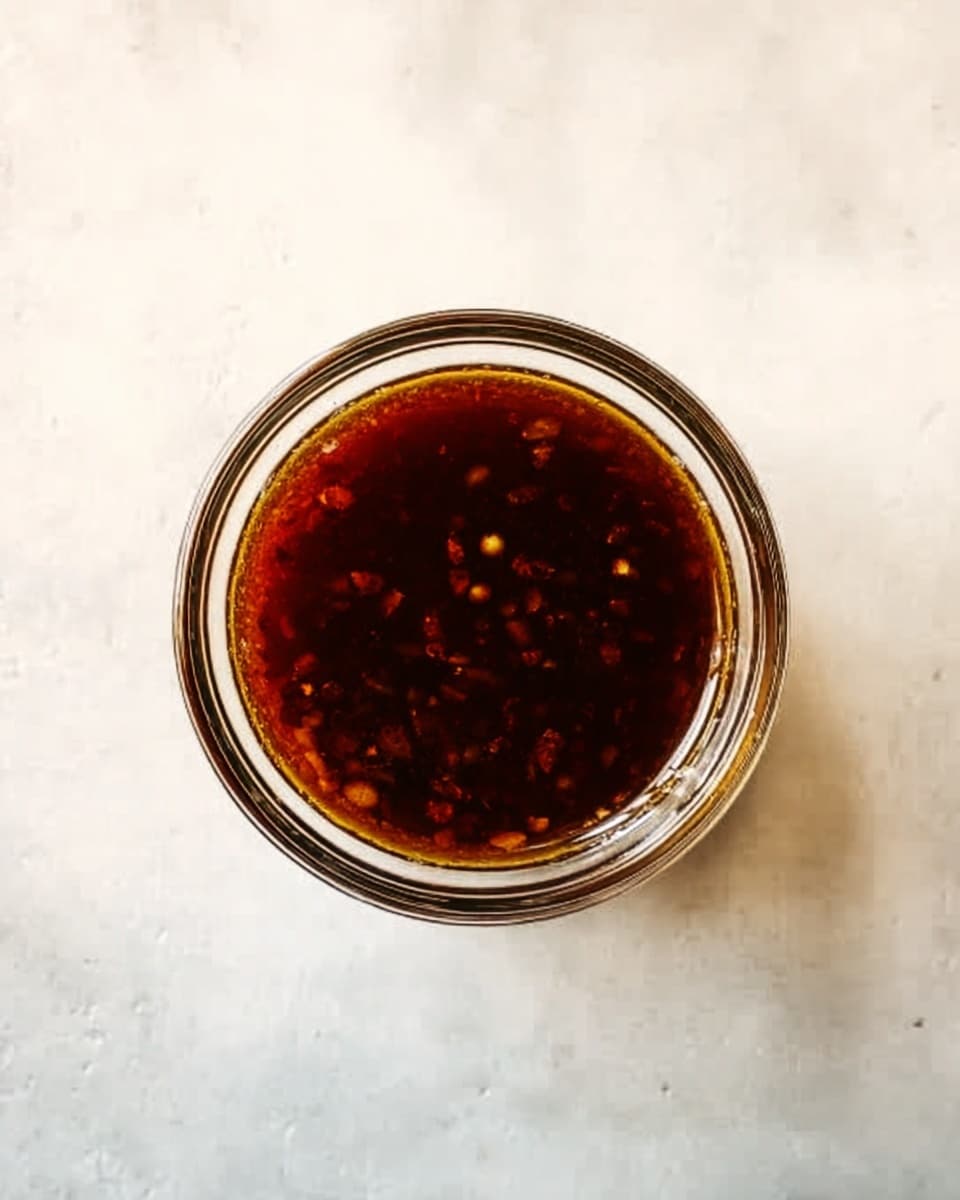 A small, clear glass bowl is shown from above, filled with a dark brown sauce that has visible small red chili pieces suspended in it, creating a textured look. The bowl is set on a white marbled surface, which adds a clean and bright contrast to the rich color of the sauce. photo taken with an iphone --ar 4:5 --v 7