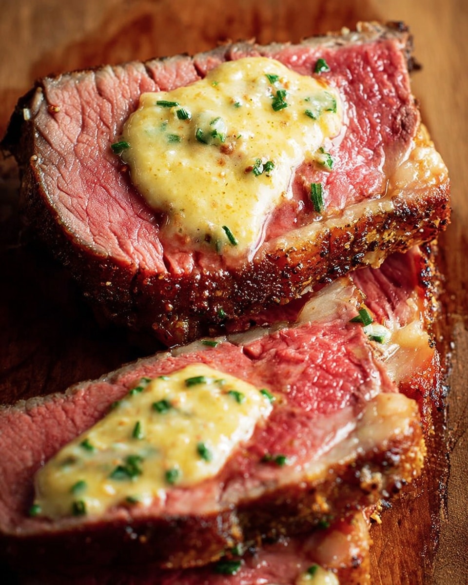 The image shows two thick slices of cooked meat with a pinkish-red center and a browned outer edge, placed on a wooden surface. Each slice is topped with a dollop of creamy yellow sauce that has a slightly melted texture and is garnished with small green herb bits. The larger piece of meat underneath has a darker, crispy brown crust. The lighting highlights the juicy texture and contrasts between the tender inside and the seared outside. photo taken with an iphone --ar 4:5 --v 7