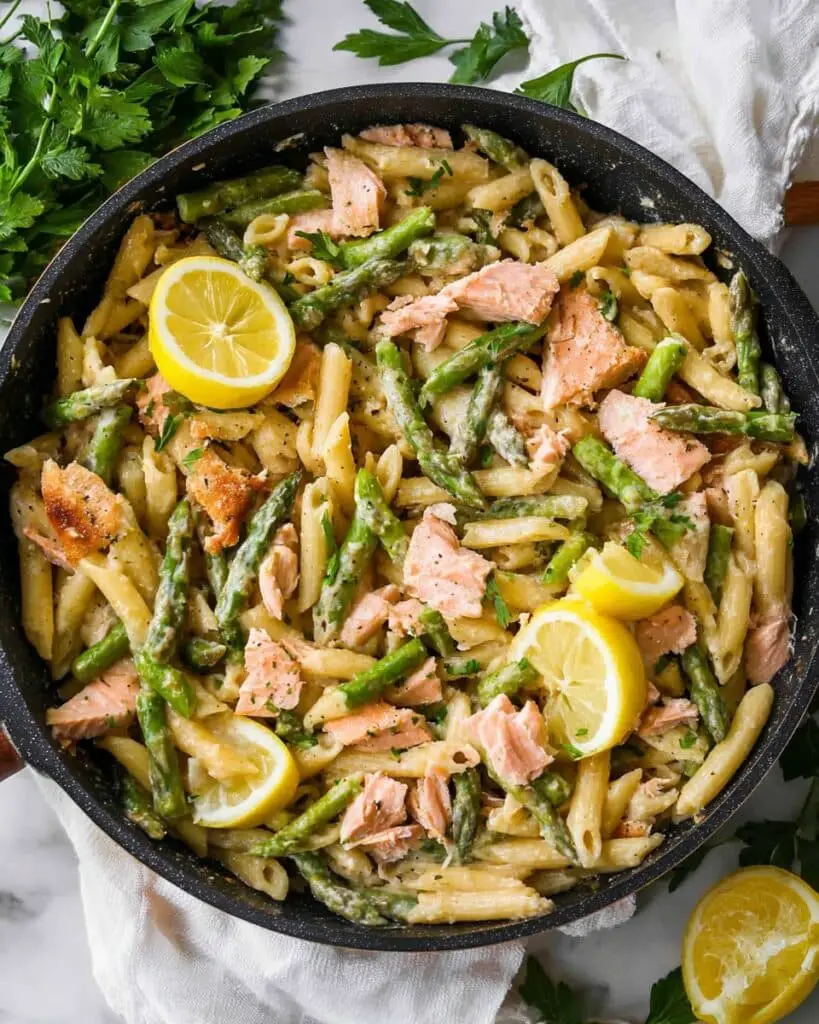 Creamy Lemon Salmon Pasta with Asparagus Recipe