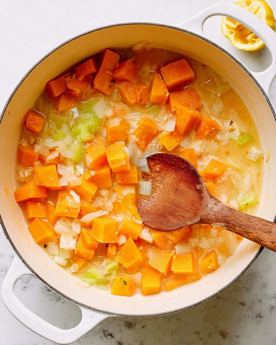 Sweet Potato and Cranberry Stuffing Recipe 5 A white pot filled with chunks of bright orange squash mixed with translucent white onion pieces and light green celery slices, all simmering in a pale broth. A wooden spoon rests inside the pot, stirring the vegetables gently, showing the textures of soft but firm squash and slightly crunchy celery and onion. The pot is placed on a white marbled surface with a small portion of a lemon visible in the top corner. photo taken with an iphone --ar 4:5 --v 7