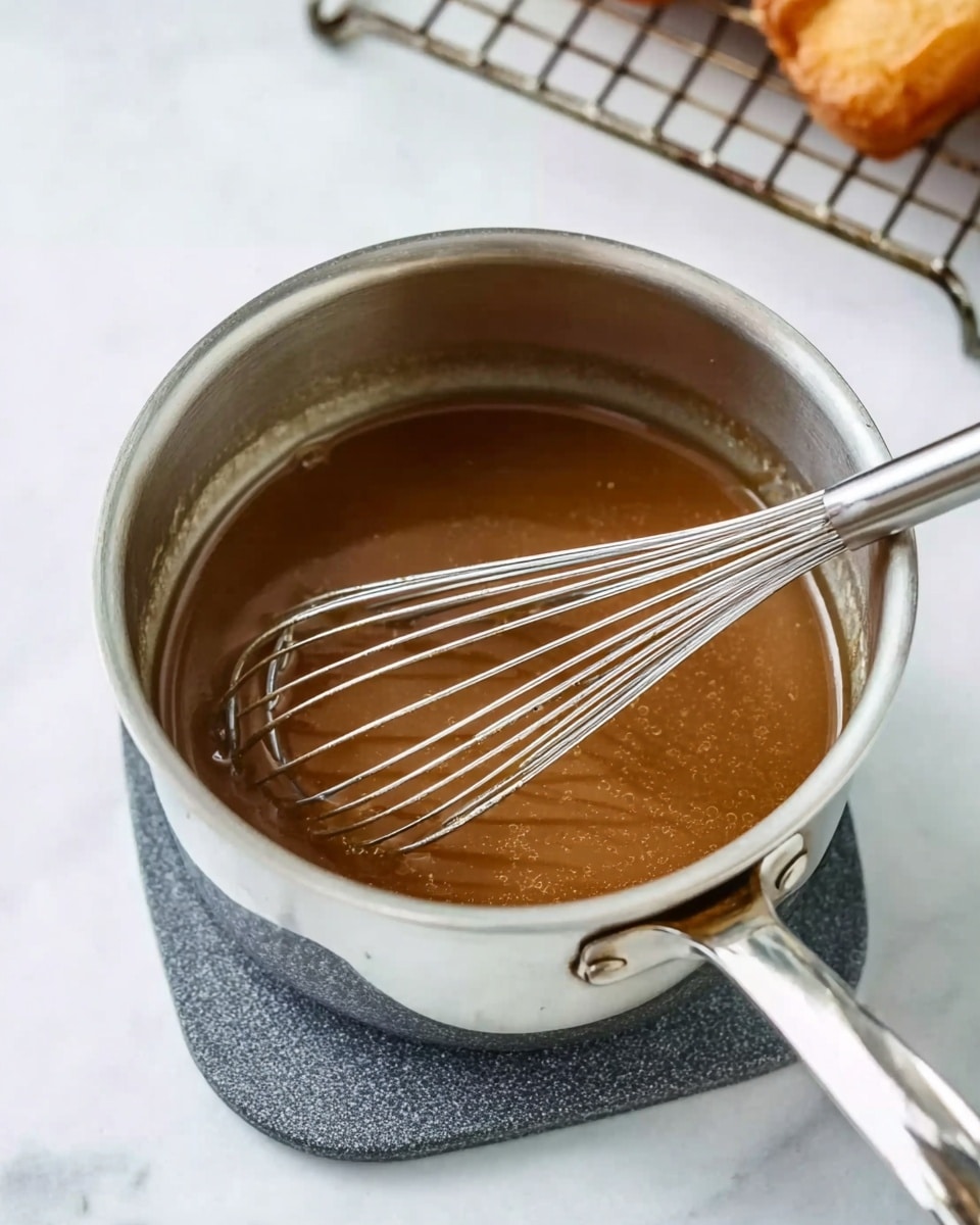 A small silver saucepan filled with smooth brown gravy sits on a gray heat pad over a white marbled surface. Inside the saucepan is a metal whisk with a long handle resting in the gravy, reflecting light slightly. The background shows part of a cooling rack holding light golden fried items, but the focus stays on the shiny metal saucepan and brown liquid inside. Photo taken with an iphone --ar 4:5 --v 7